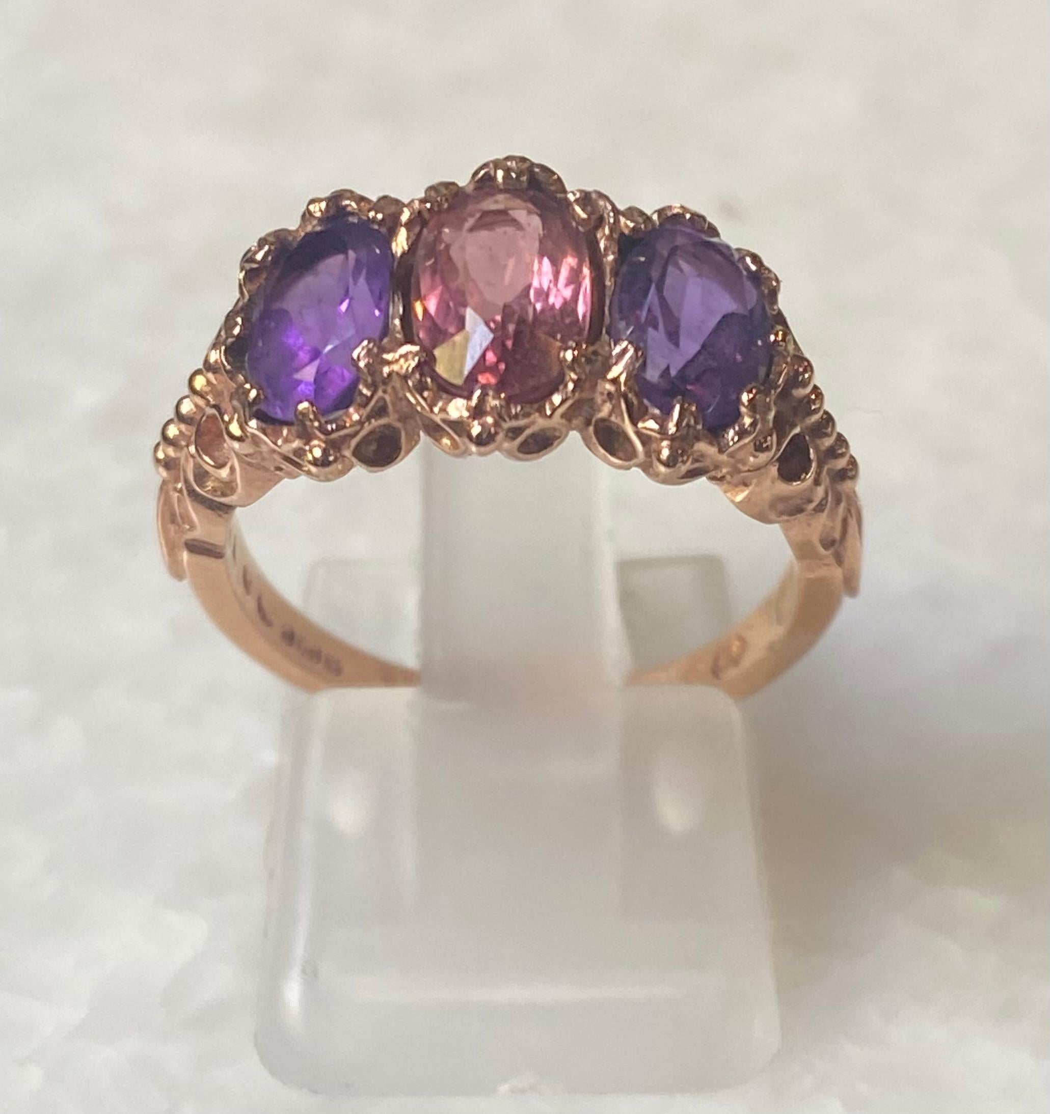 Women's Antique Rose Golden Ring with Tourmalines and Amethyst  ca 1890-1900, ca 2 carat