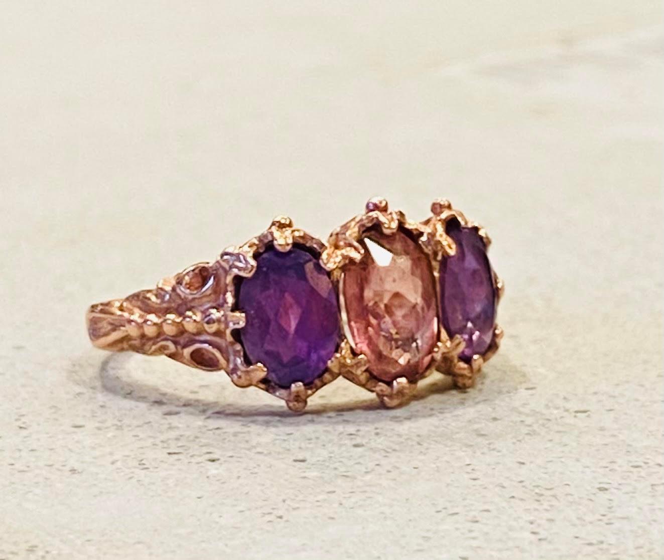 Antique Rose Golden Ring with Tourmalines and Amethyst  ca 1890-1900, ca 2 carat 1