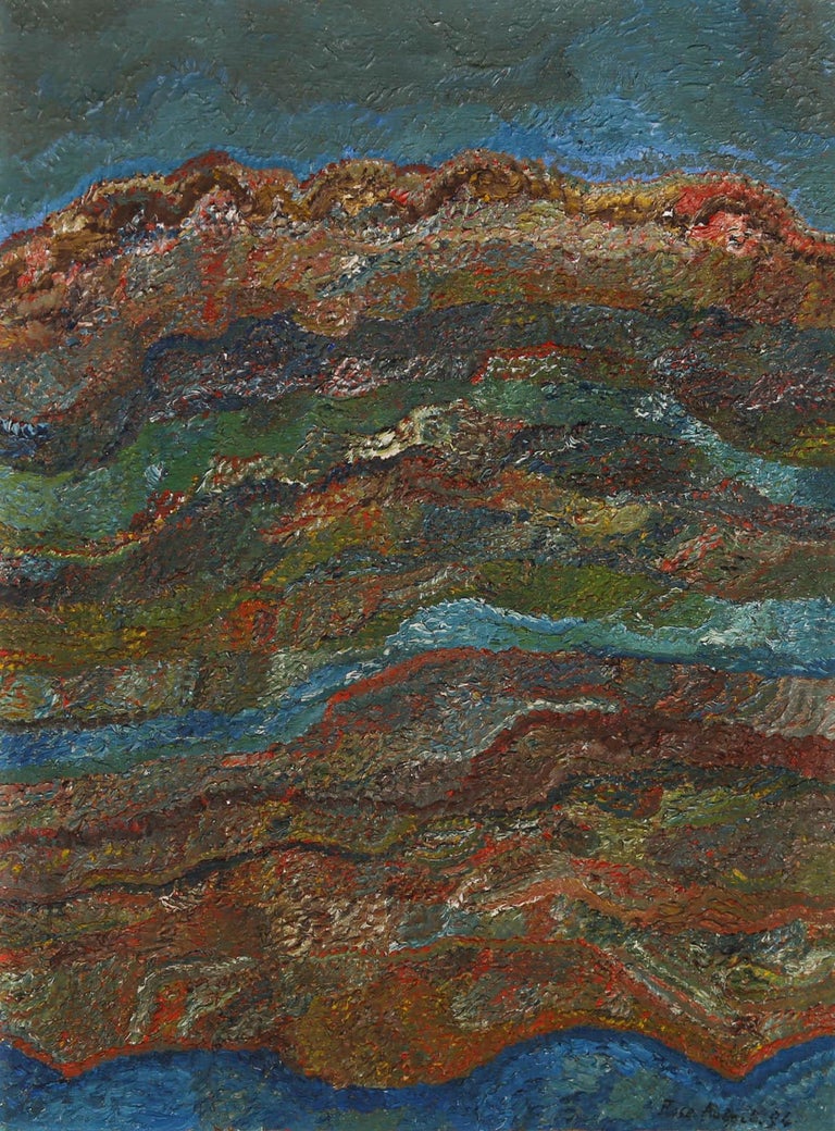 This expressive pointillist study by French artist Rose Aubert depicts a fantasised organic landscape, full of dense impasto texture. The painting is signed and dated to the lower right-hand corner, and again to the the reverse. On canvas on