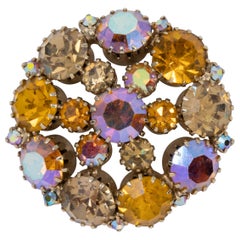 Vintage Rose Aurora Borealis and Topaz Crystal Round Pin Brooch in Gold