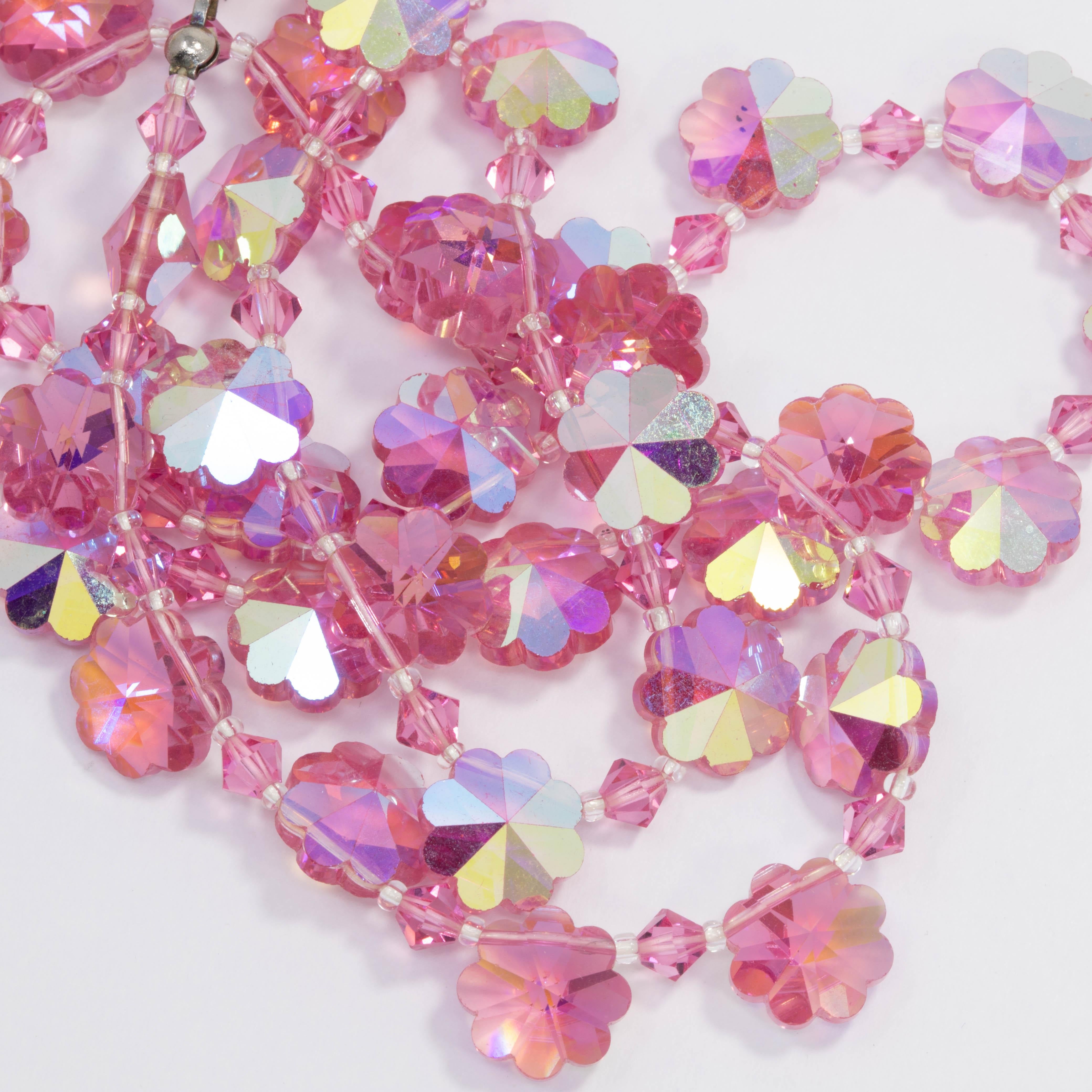 Rose Aurora Borealis Two-Tone Crystal Flower Bead Necklace, Vintage Mid 1900s In Good Condition In Milford, DE