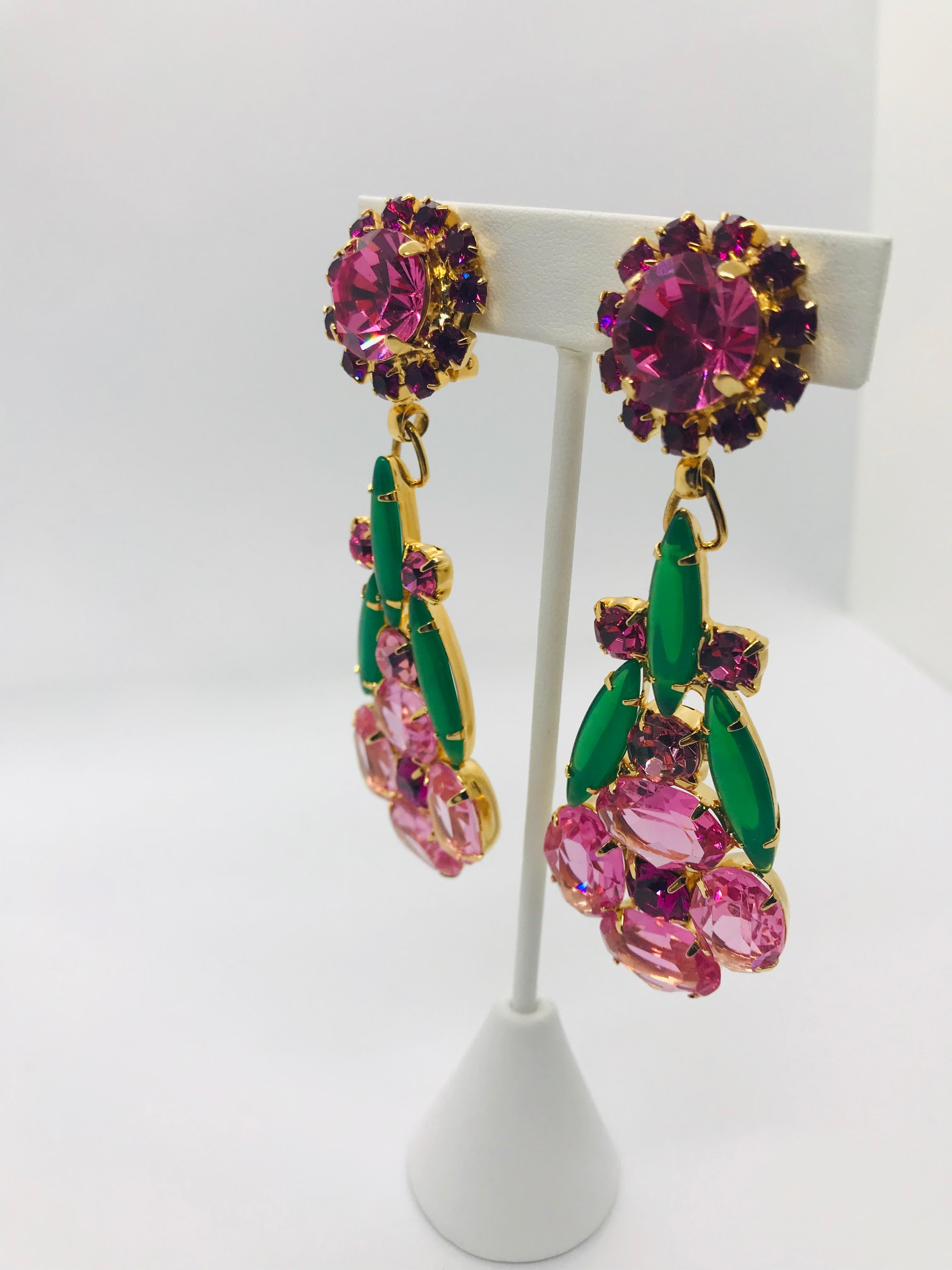 Art Nouveau Rose Austrian Crystal and Crysophase Floral Drop Pendant Earrings For Sale