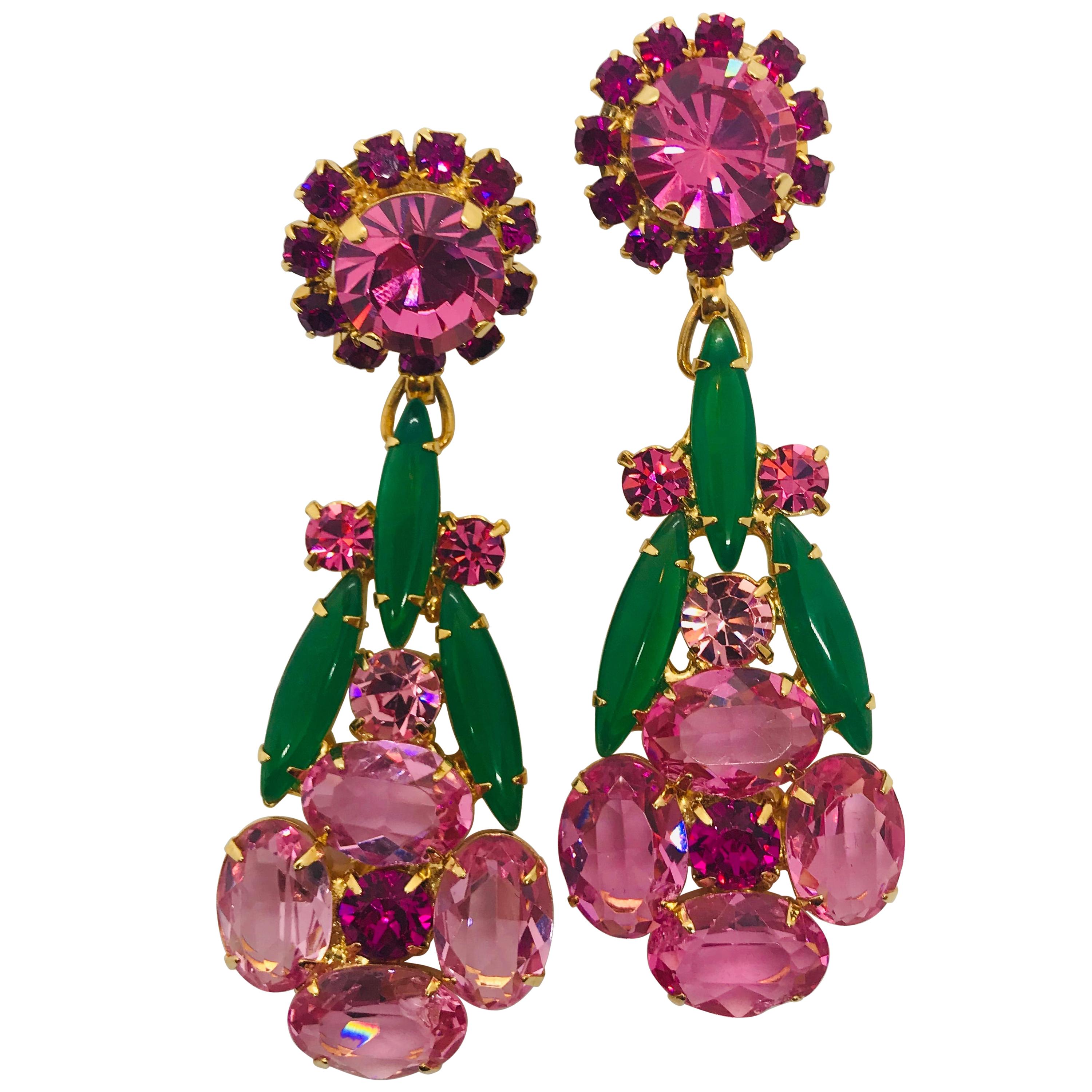 Rose Austrian Crystal and Crysophase Floral Drop Pendant Earrings For Sale