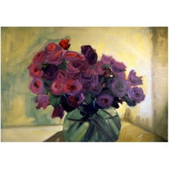 "Rose Bowl, " 1996 Purple Floral Still Life Oil on Canvas by Artist Diane Love