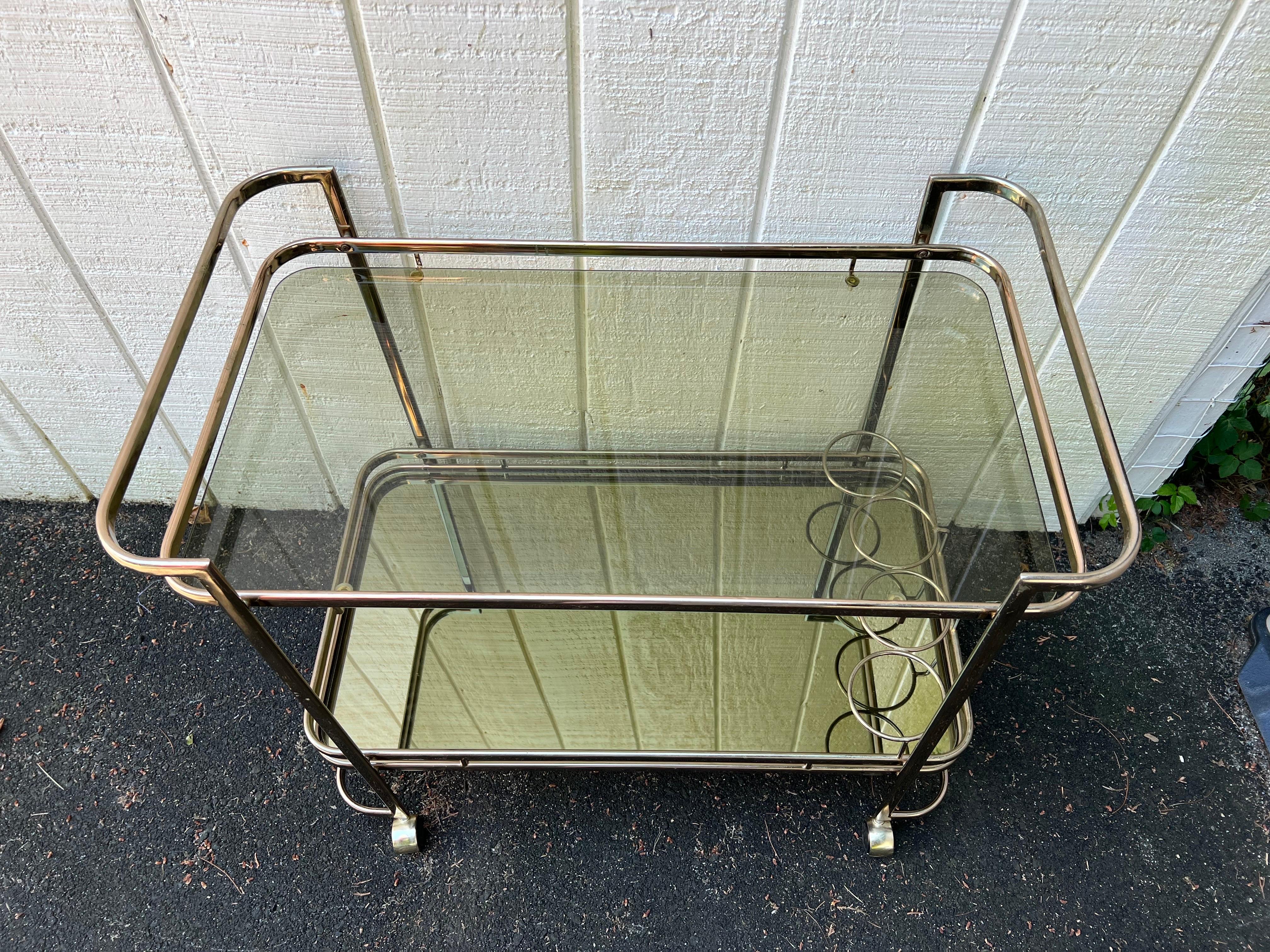 Hollywood Regency Rose Brass Smoked glass and mirror bar cart