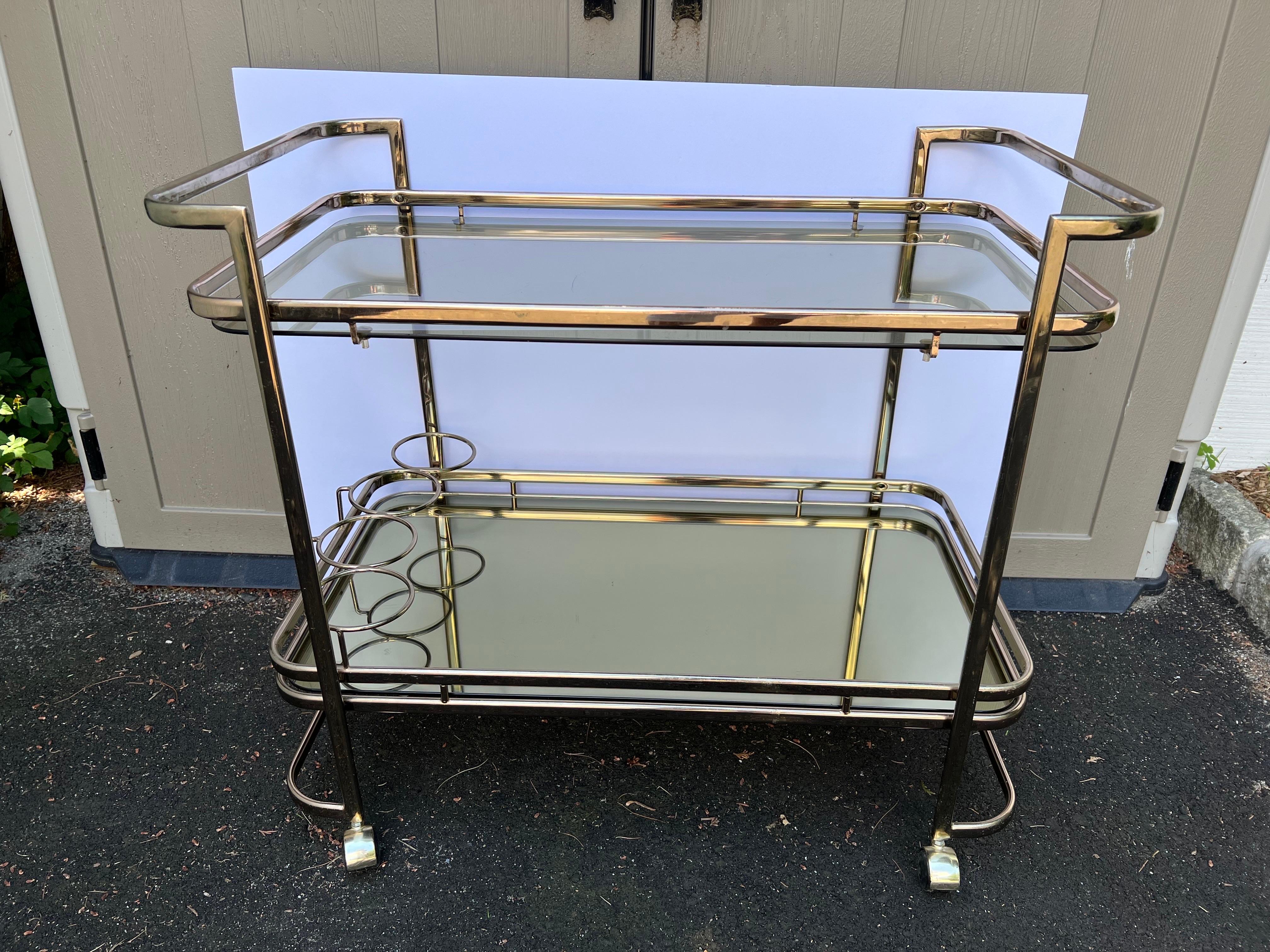 Rose Brass Smoked glass and mirror bar cart In Good Condition In Redding, CT