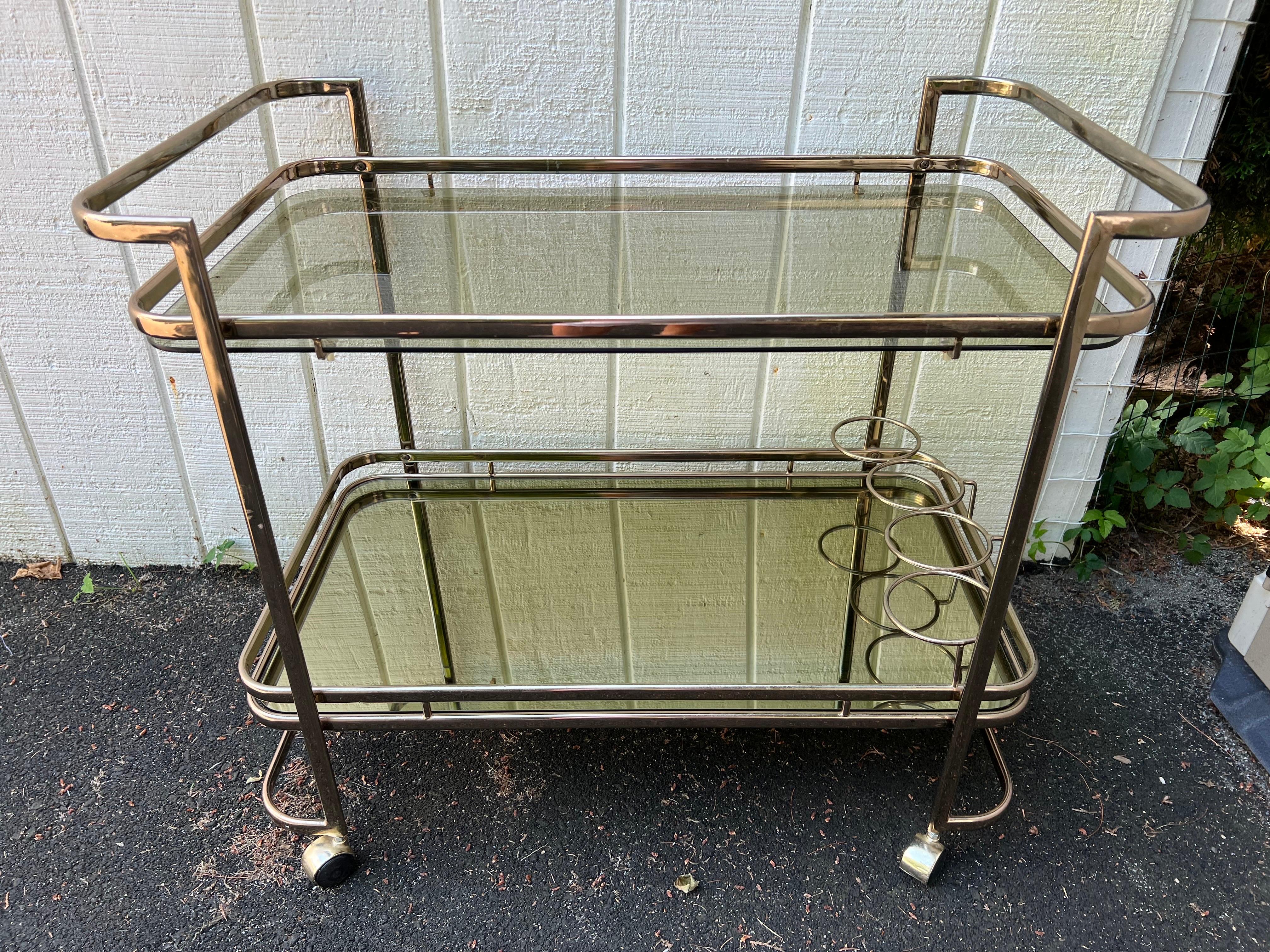 20th Century Rose Brass Smoked glass and mirror bar cart