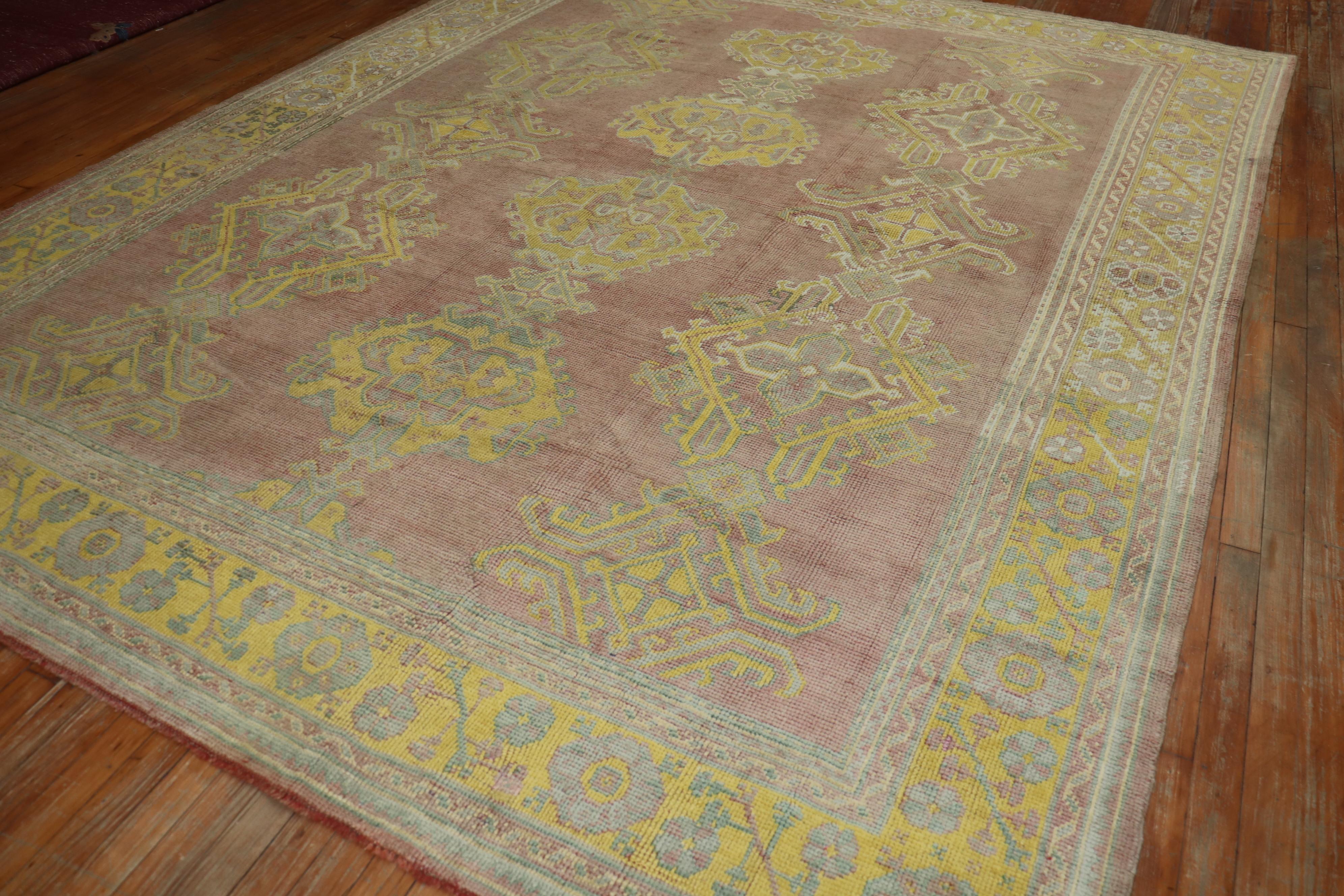 Adam Style Rose Bright Yellow Antique Turkish Oushak Carpet, 20th Century For Sale
