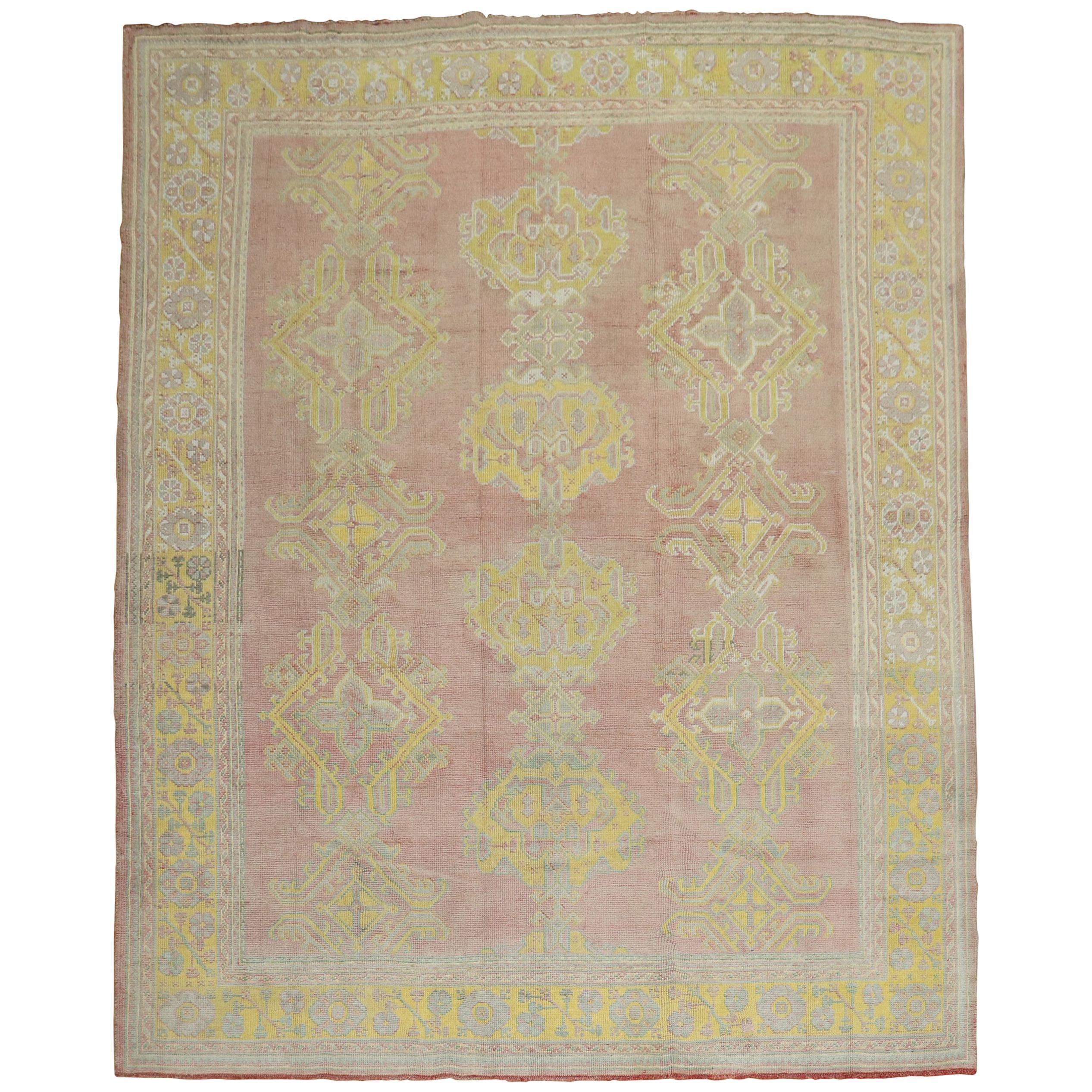 Rose Bright Yellow Antique Turkish Oushak Carpet, 20th Century