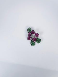 Rose Brooch 18kt Gold Tsavorite, Diamond & Ruby Pink Diamond Brooch