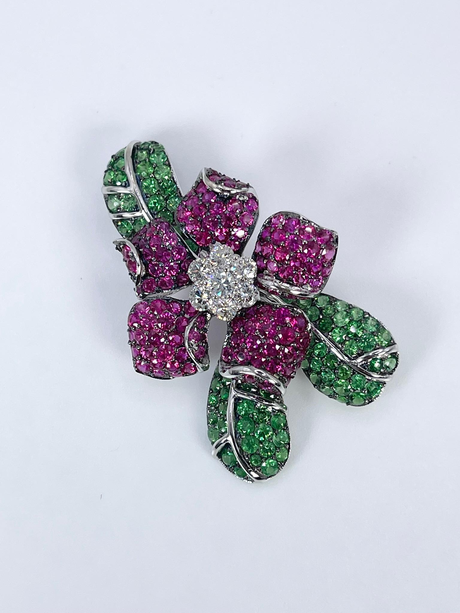 Modern Rose Brooch 18kt Gold Tsavorite, Diamond & Ruby Pink Diamond Brooch For Sale