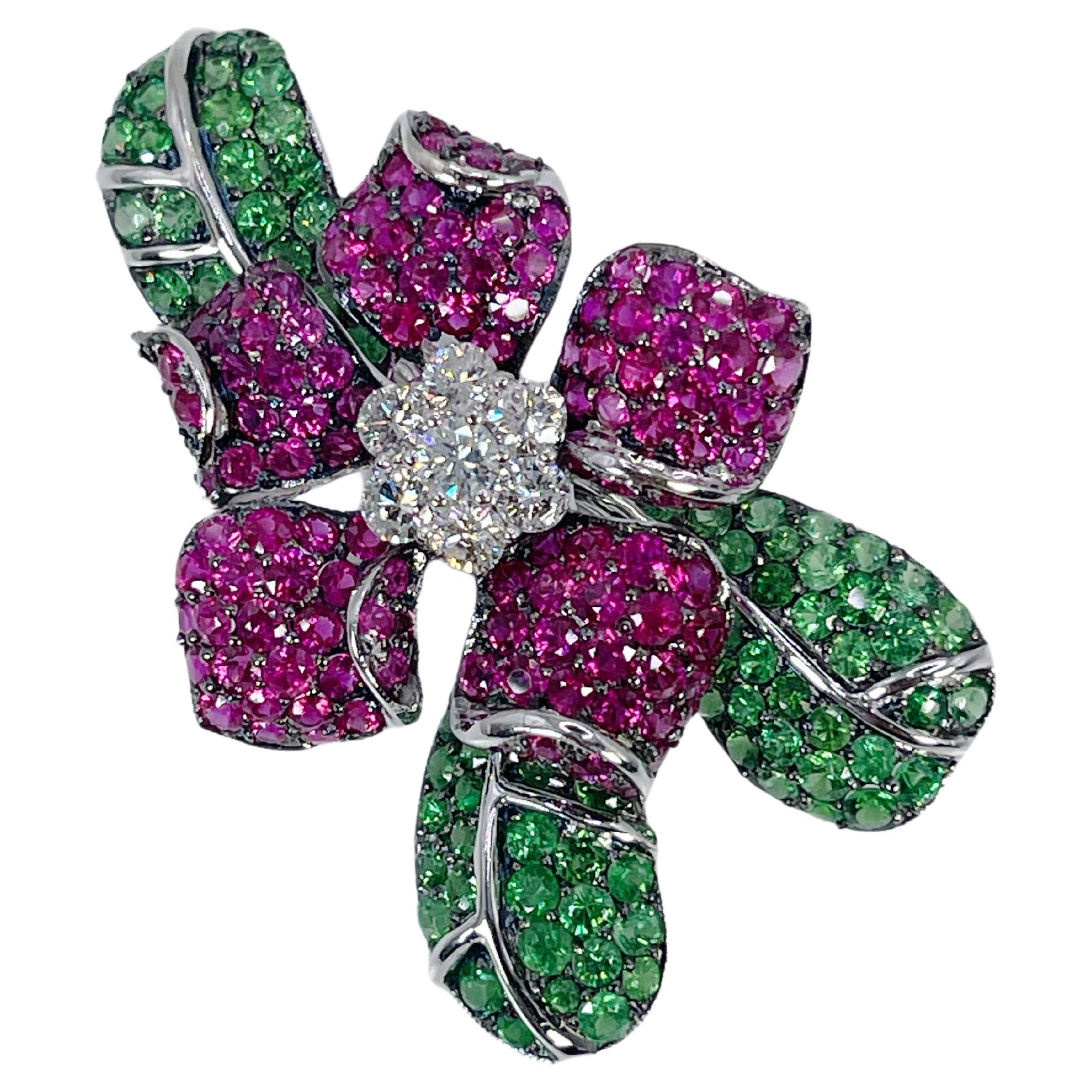 Rose Brooch 18kt Gold Tsavorite, Diamond & Ruby Pink Diamond Brooch For Sale