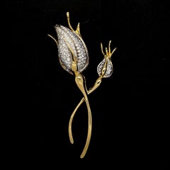 18K Yellow and White Gold Diamond Rose Bud Brooch