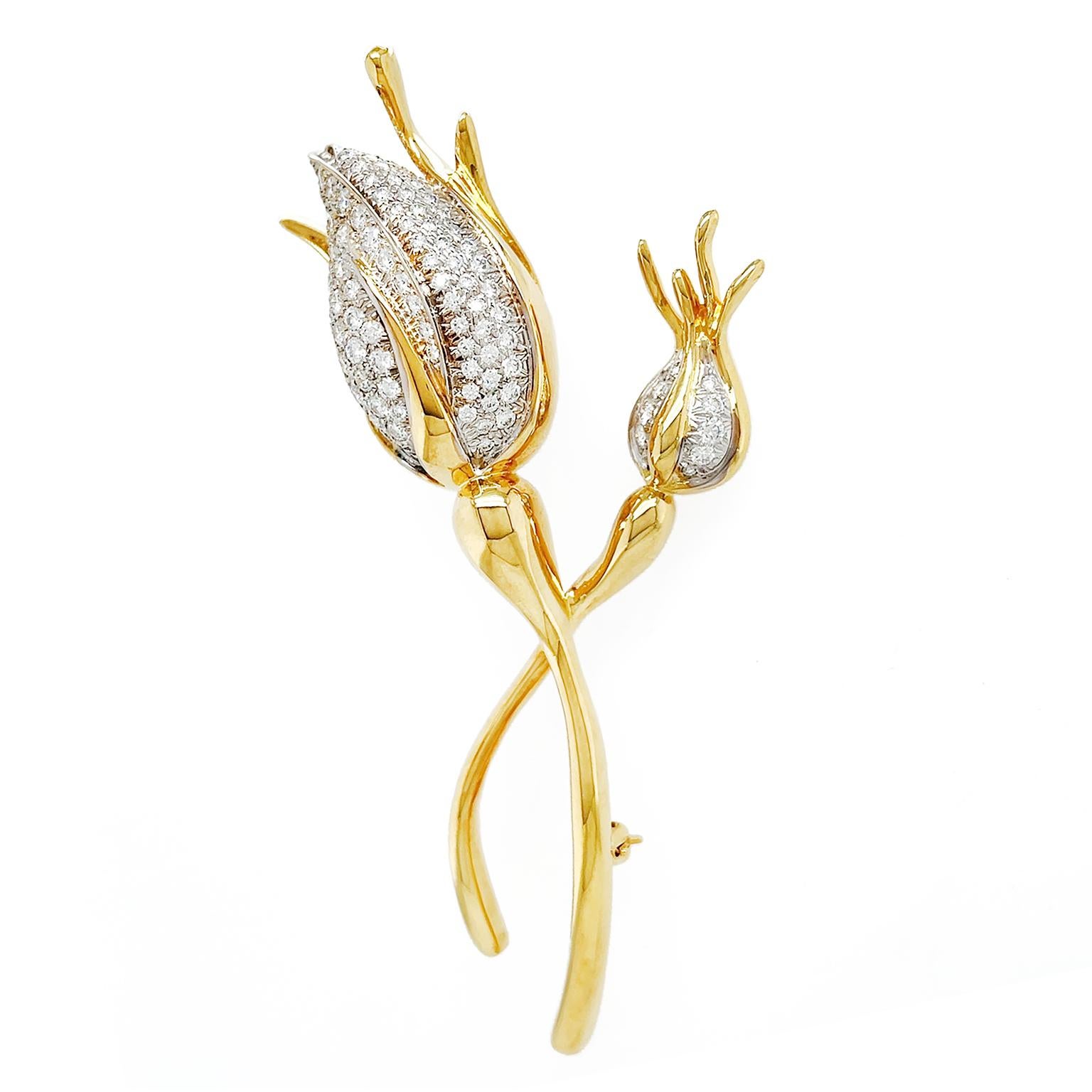 Round Cut 18K Yellow and White Gold Diamond Rose Bud Brooch For Sale