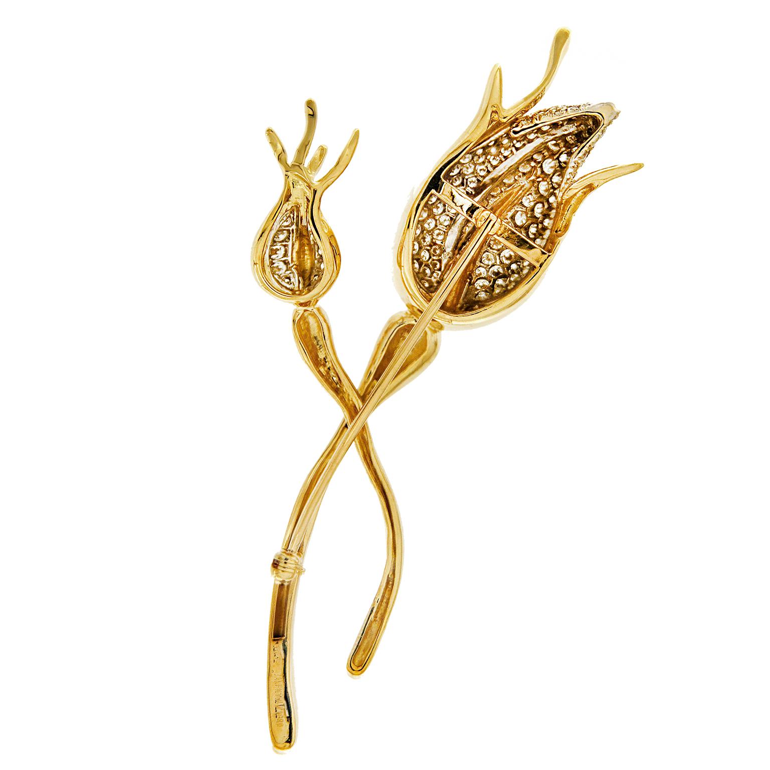 Women's or Men's 18K Yellow and White Gold Diamond Rose Bud Brooch For Sale