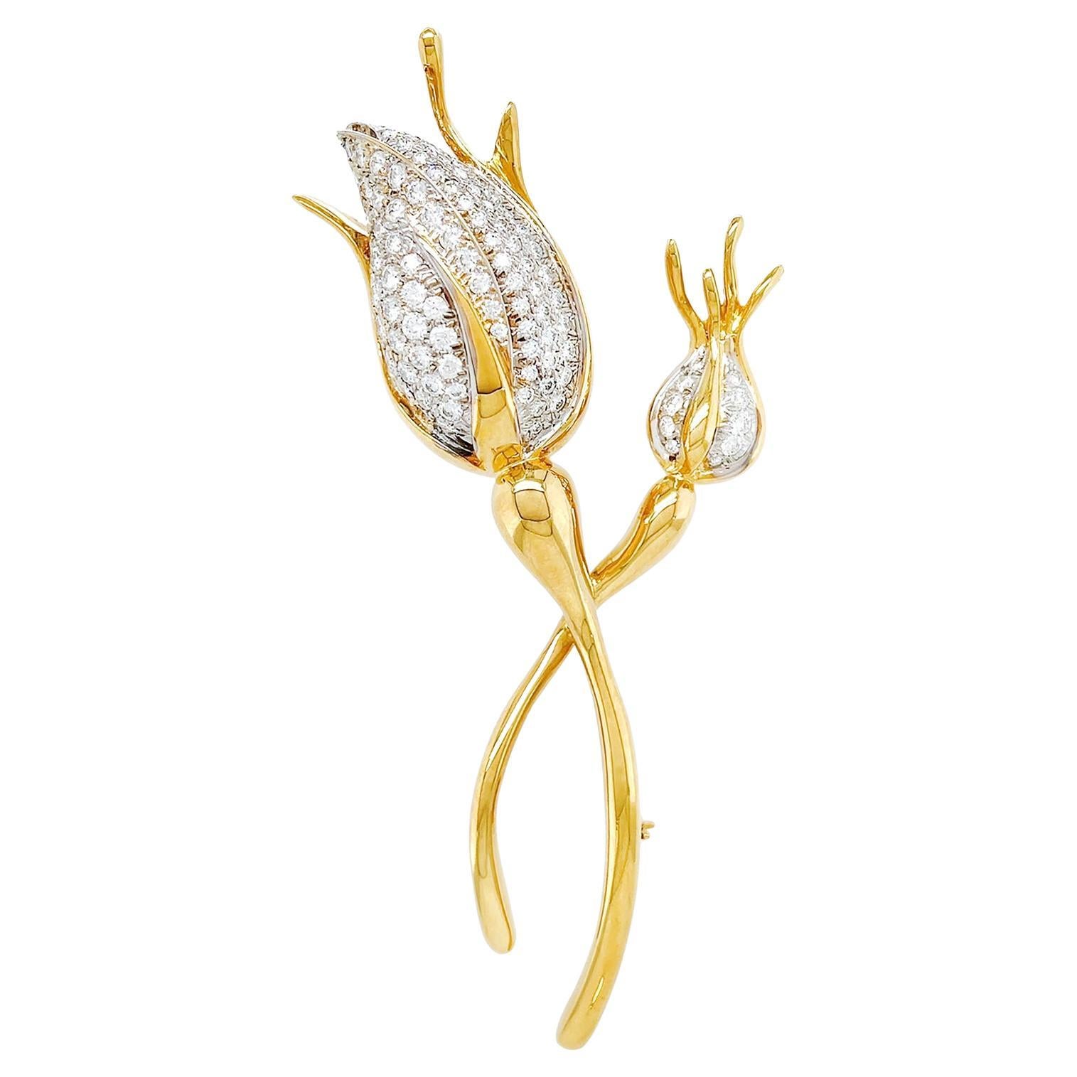 18K Yellow and White Gold Diamond Rose Bud Brooch For Sale