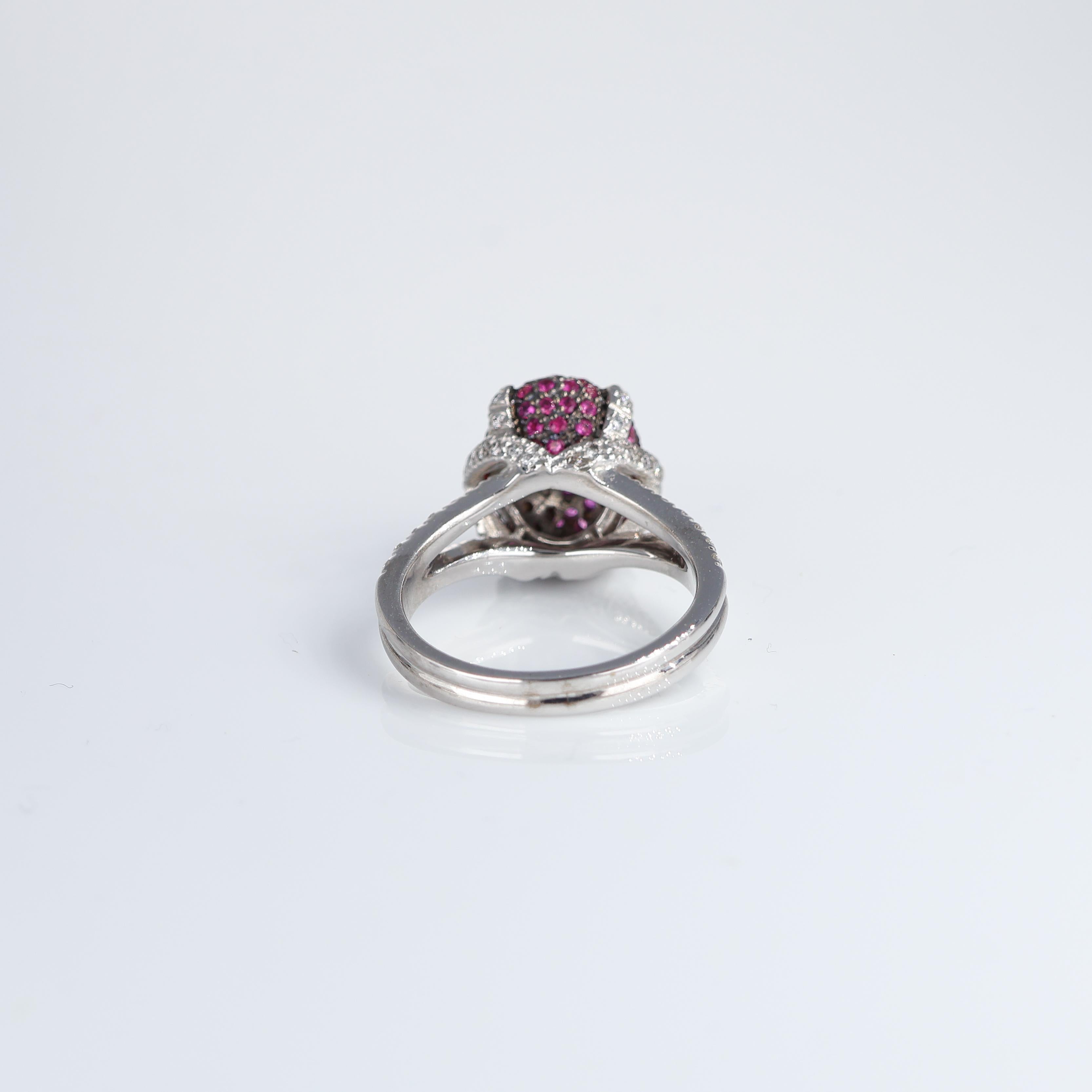 Women's or Men's Rose Bud Flower Oval Pavé Diamond and Rubies Ring in 18kt White Gold For Sale