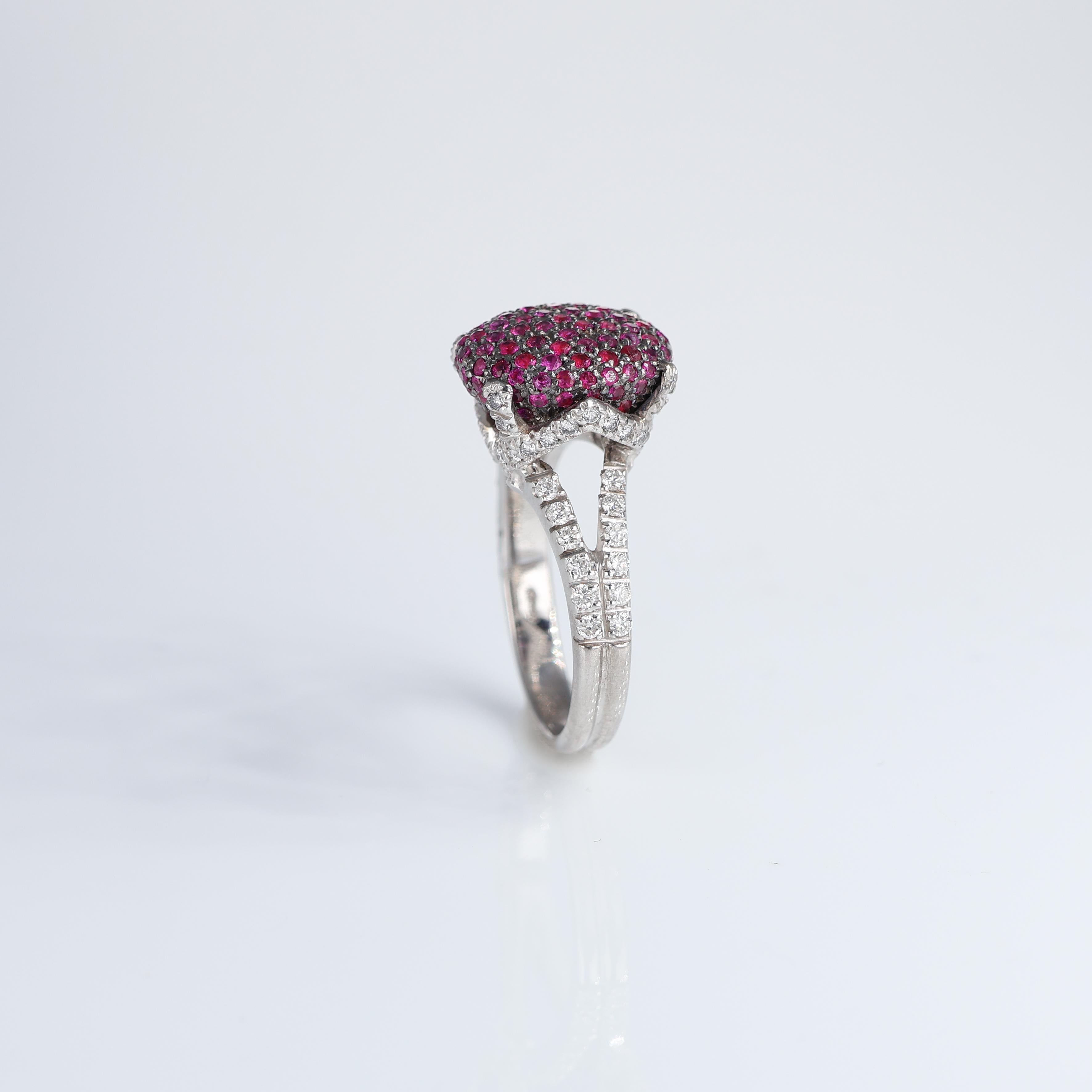 Rose Bud Flower Oval Pavé Diamond and Rubies Ring in 18kt White Gold For Sale 2
