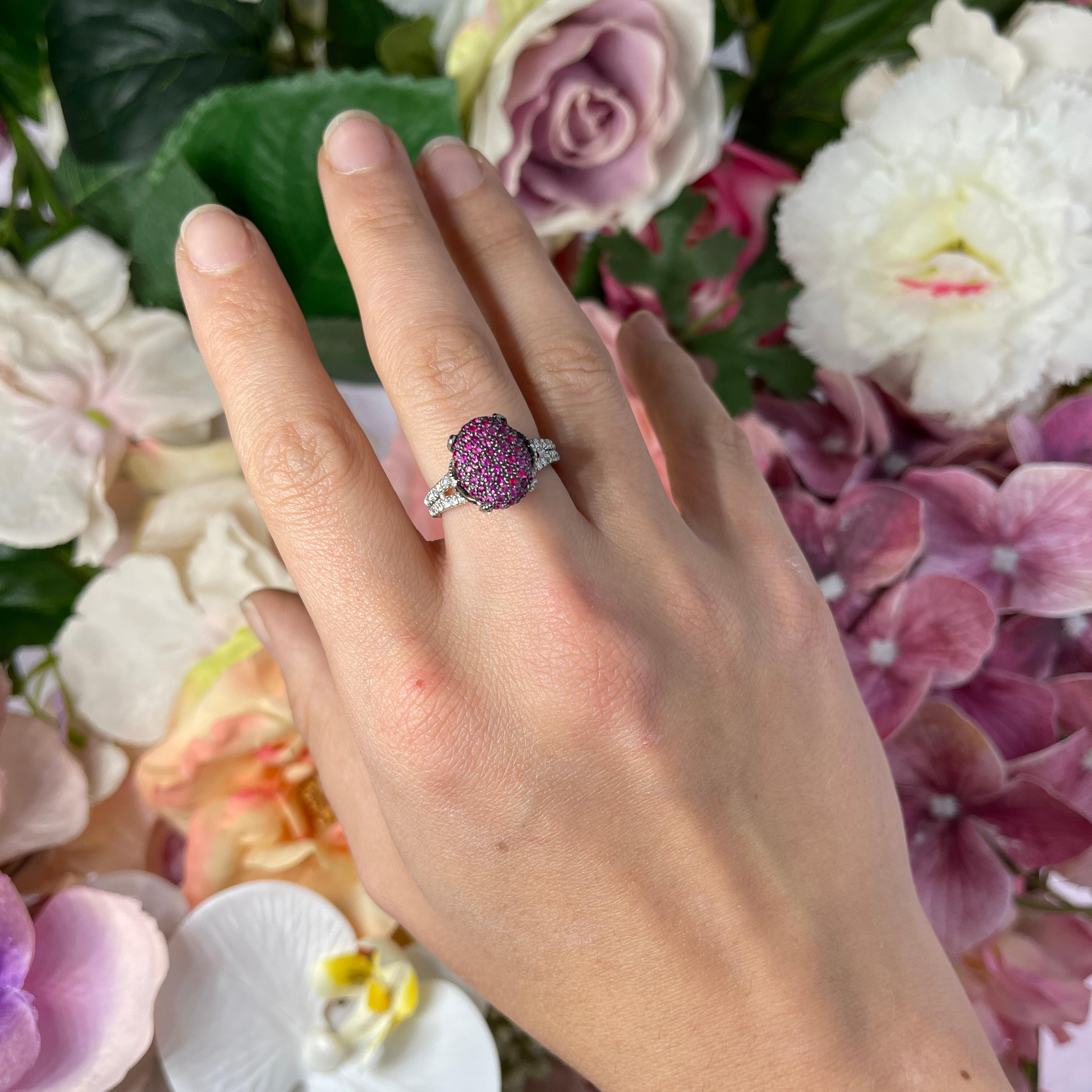 Rose Bud Flower Oval Pavé Diamond and Rubies Ring in 18kt White Gold For Sale 3