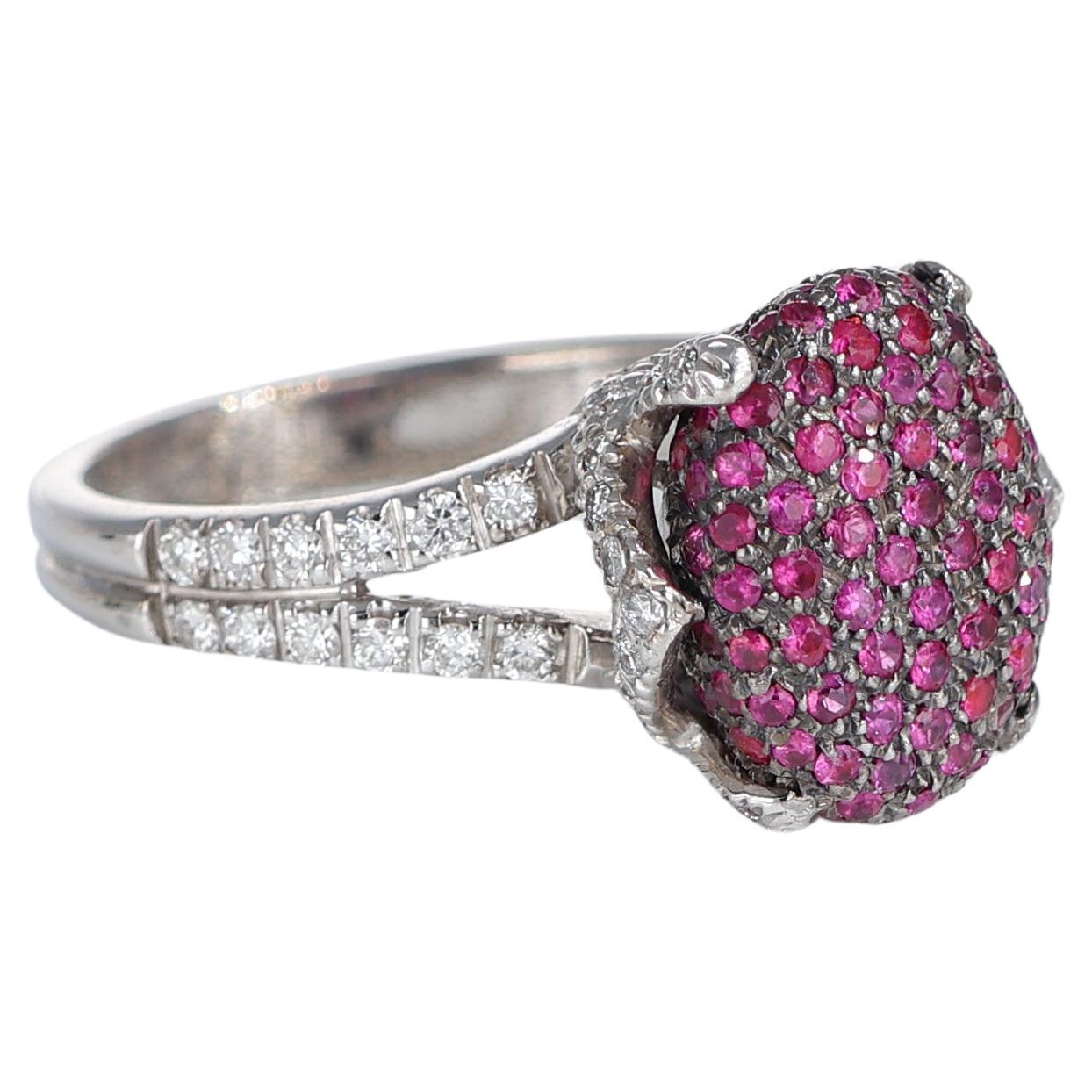 Rose Bud Flower Oval Pavé Diamond and Rubies Ring in 18kt White Gold