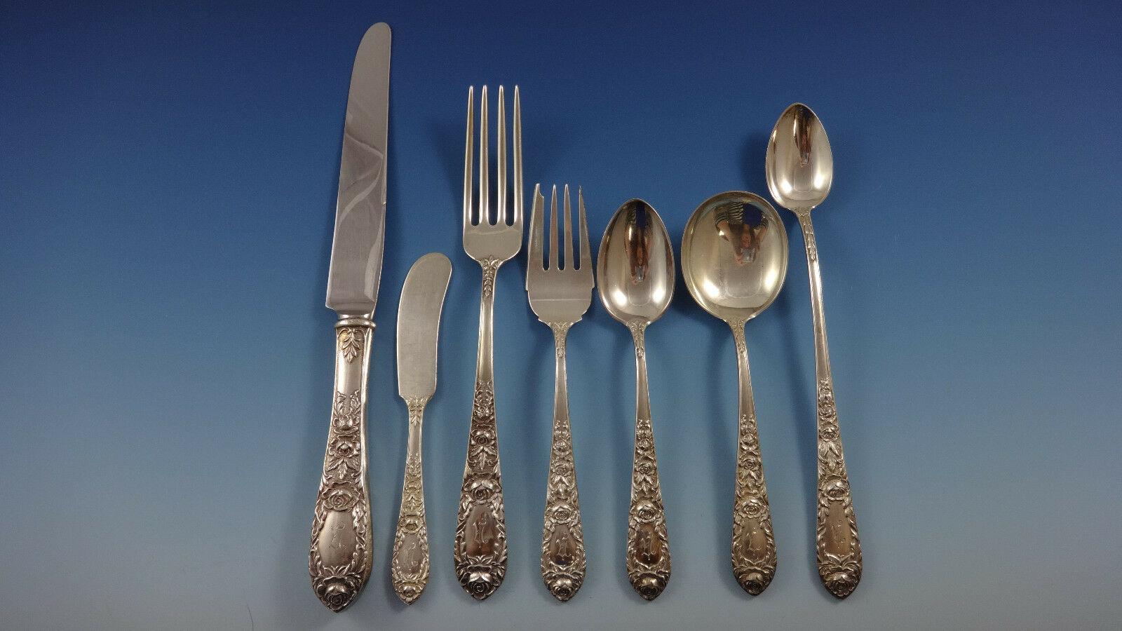 Beautiful Rose by Kirk sterling silver dinner size flatware set of 86 pieces. This set has the large dinner knives and forks and is wonderfully heavy. This set includes:

12 dinner size knives, 9 3/4
