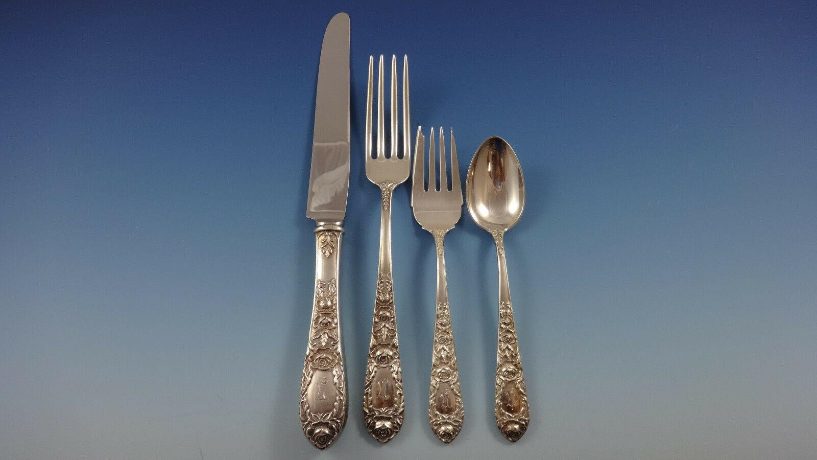 Rose by Kirk Sterling Silver Dinner Size Flatware Set for 12 Service 86 Pieces In Excellent Condition For Sale In Big Bend, WI
