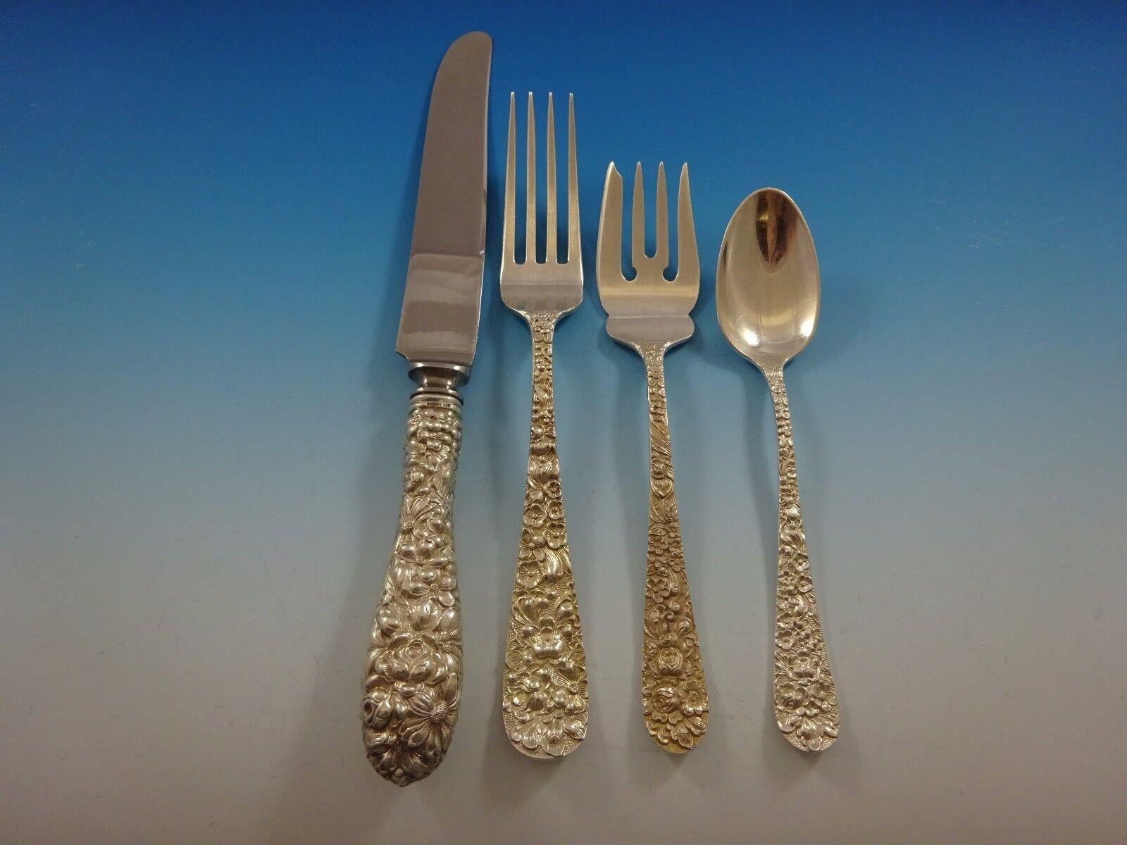 20th Century Rose by Stieff Sterling Silver Flatware Service For 8 Set 40 Pieces Repousse For Sale