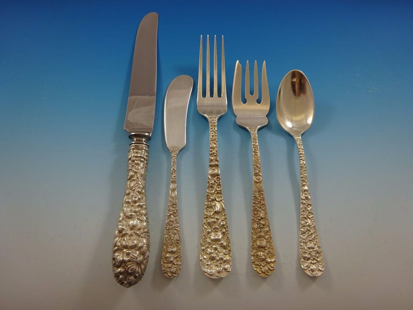 Rose by Stieff Sterling Silver Flatware Service For 8 Set 40 Pieces Repousse For Sale 1