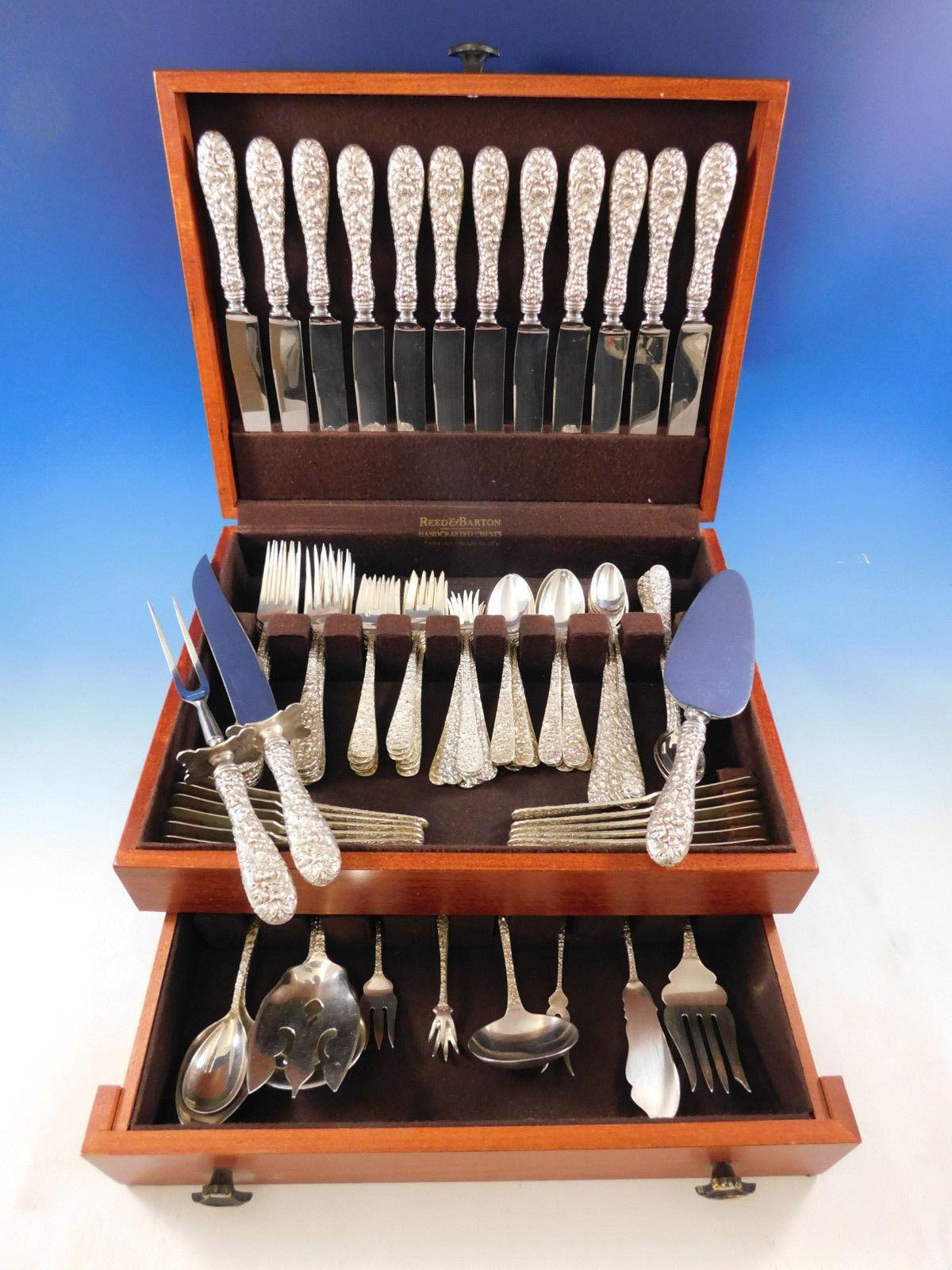 Large dinner size rose by Stieff repousséd sterling silver Flatware set, 97 pieces. This set includes:

12 Dinner Size Knives, 9 1/2