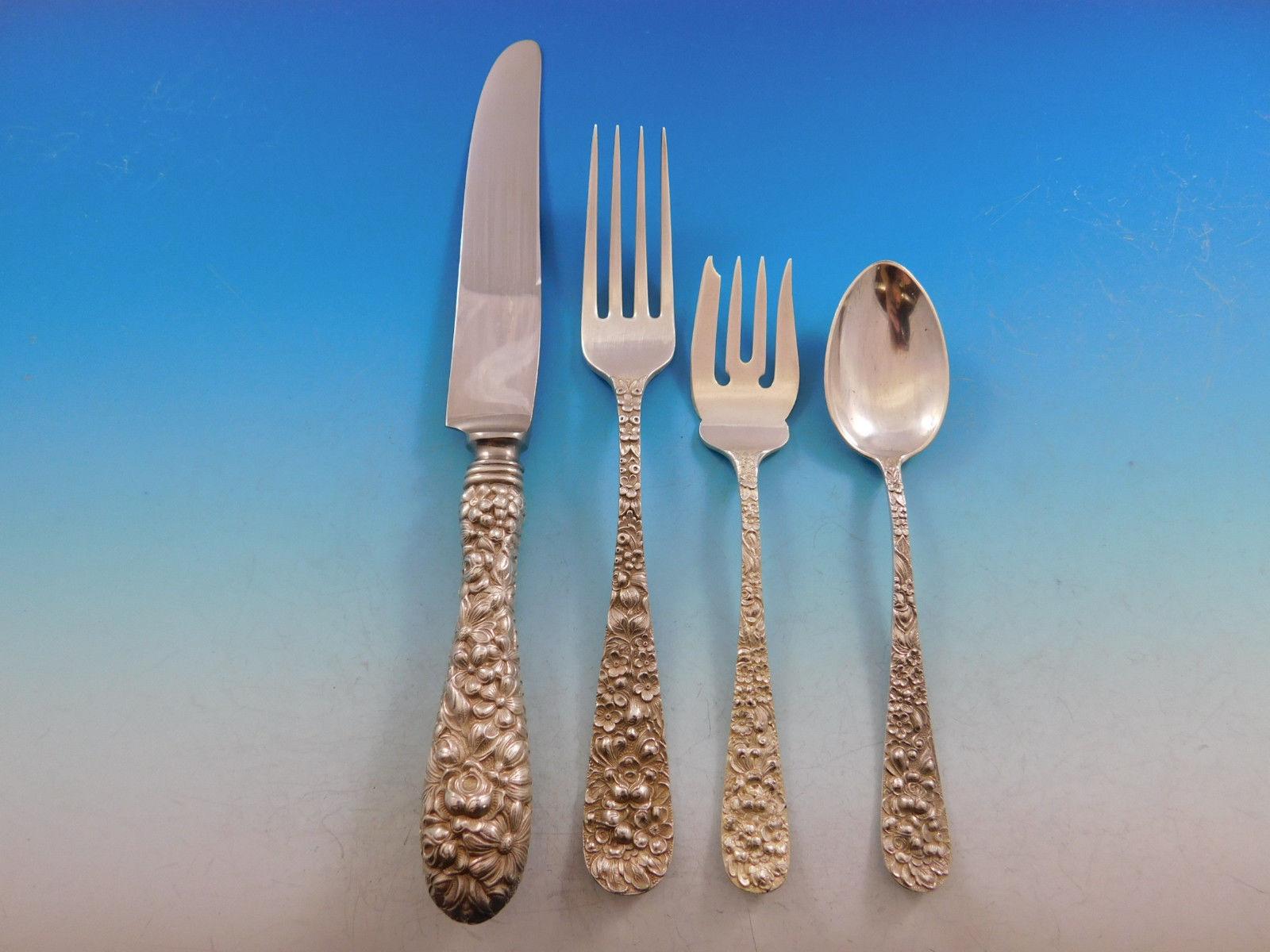 Rose by Stieff Sterling Silver Flatware Set for 12 Service 97 Pc Repoussé Dinner In Excellent Condition In Big Bend, WI