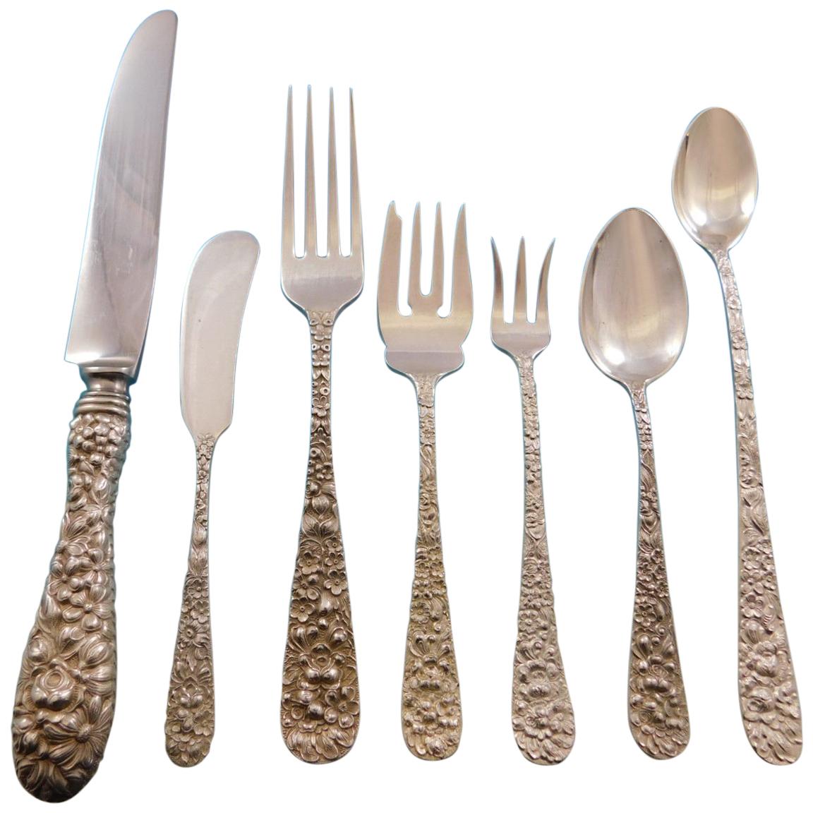 Rose by Stieff Sterling Silver Flatware Set for 12 Service 97 Pc Repoussé Dinner