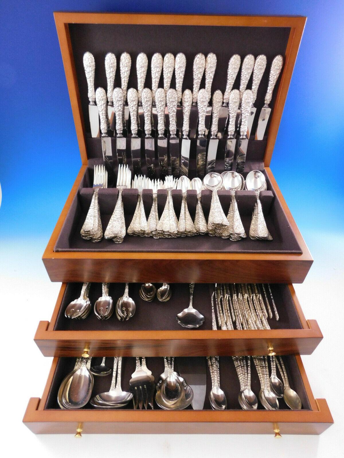 Monumental dinner size rose by Stieff repoussed sterling silver Flatware set, 285 pieces. This set for 24 includes:

24 dinner size knives, 9 1/2