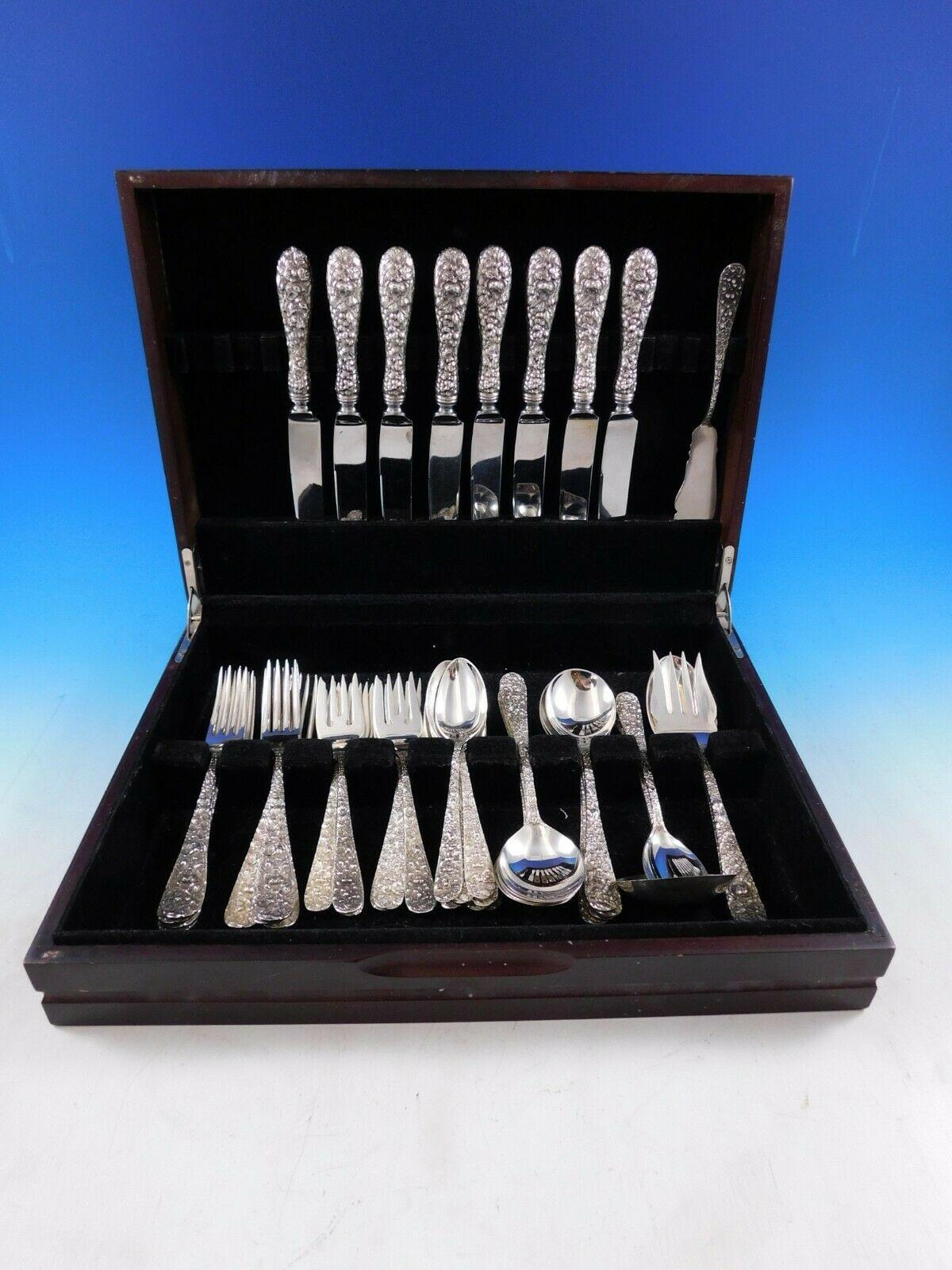 Rose by Stieff repousse sterling silver flatware set - 45 pieces. This set includes:

8 Knives, 8 3/4