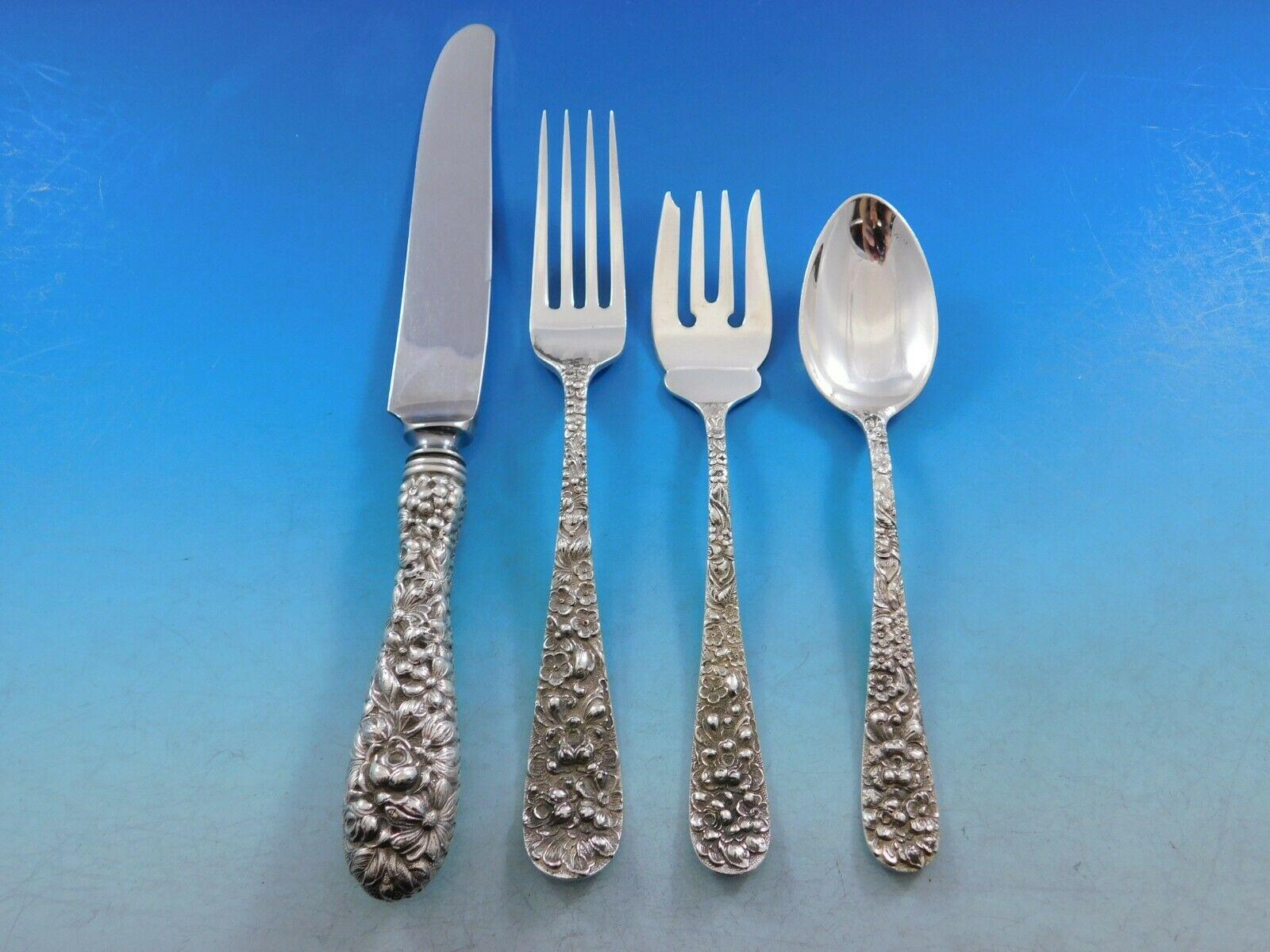 Rose by Stieff Sterling Silver Flatware Set For 8 Service 45 Pieces Repousse In Excellent Condition In Big Bend, WI