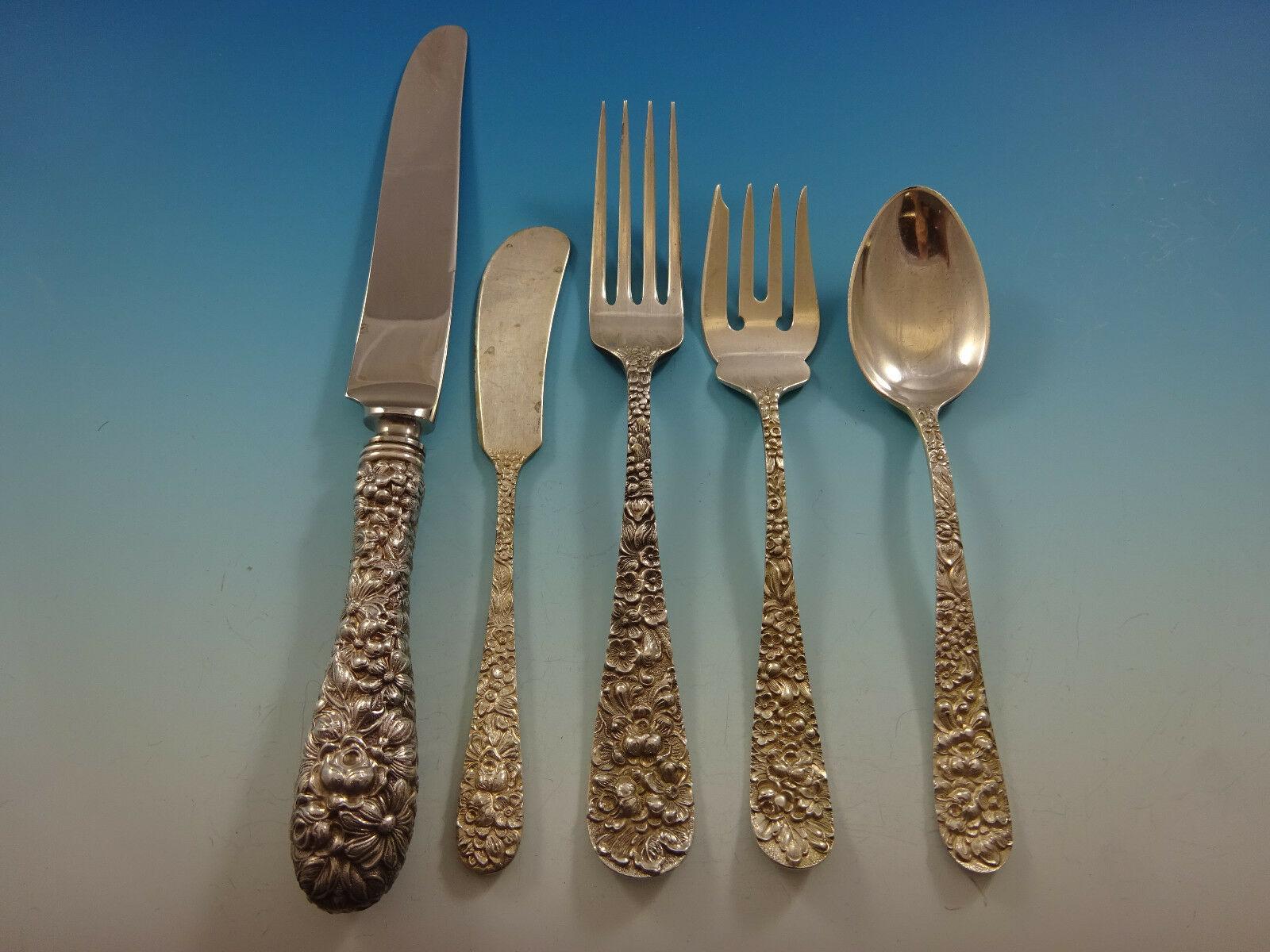 Rose by Stieff repousse sterling silver flatware set - 47 pieces. This set includes:

8 knives, 8 3/4
