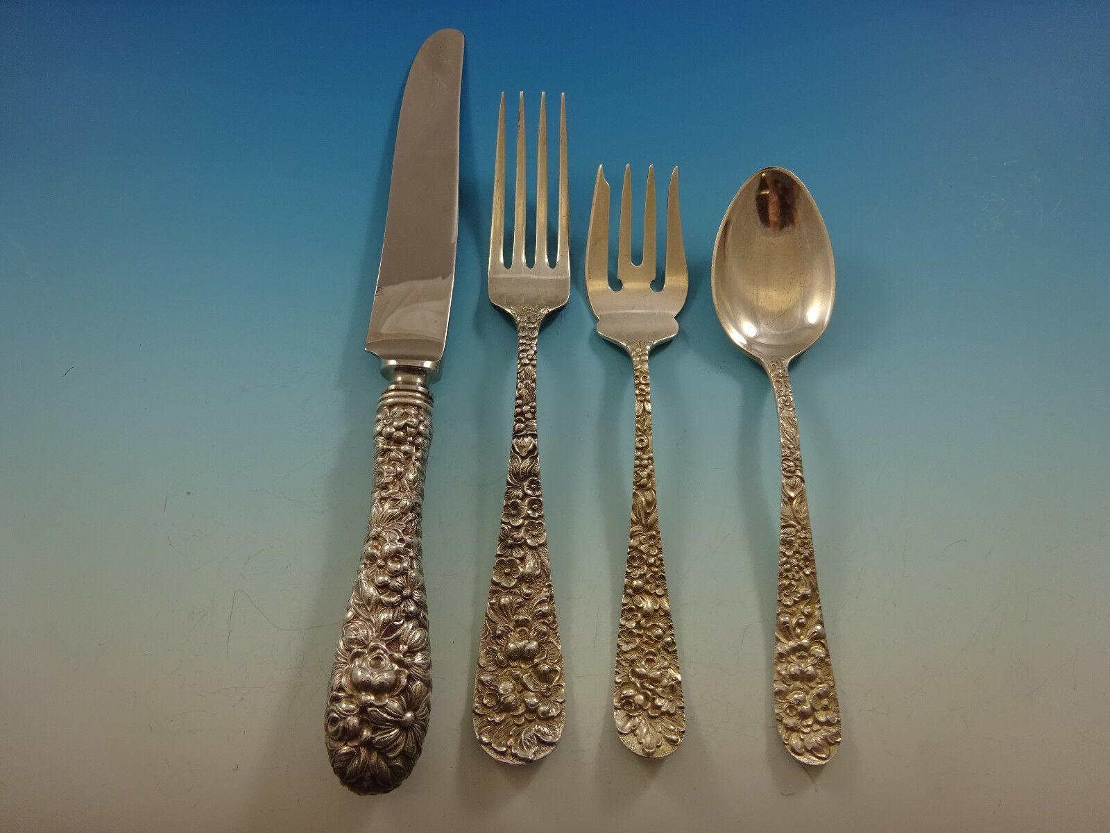 Rose by Stieff Sterling Silver Flatware Set For 8 Service 47 Pieces Repousse In Excellent Condition In Big Bend, WI