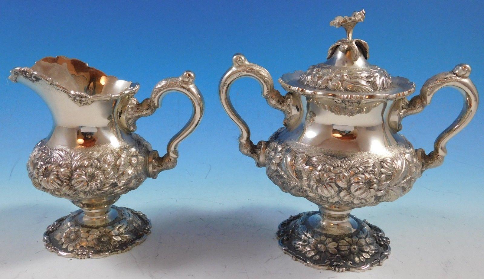 Rose by Stieff Sterling Silver Tea Set Five-Piece with Tray Flower Finial #2249 6