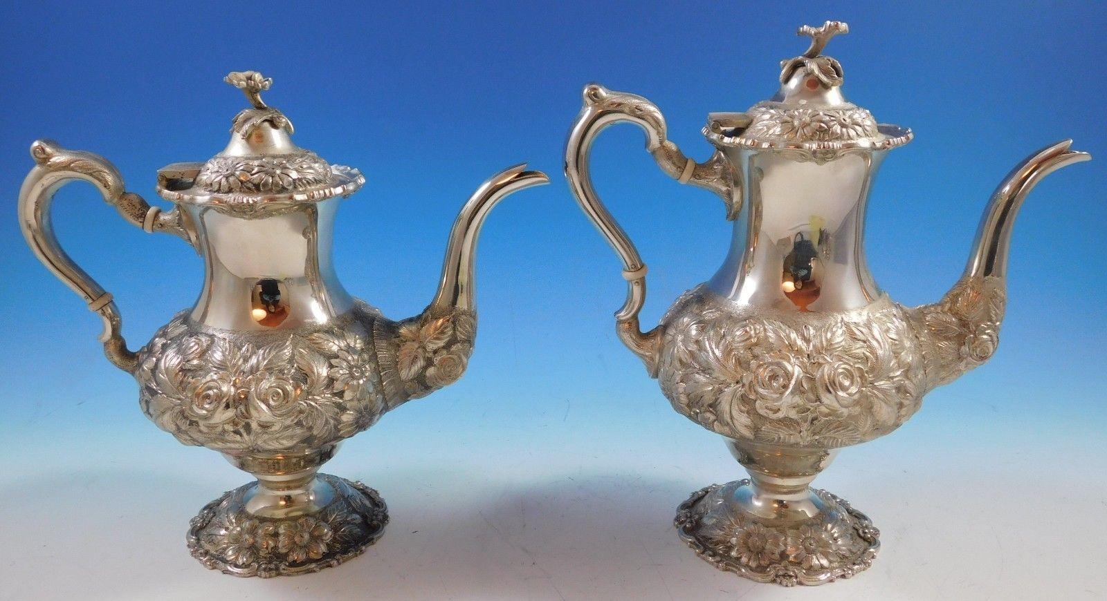 Rose by Stieff Sterling Silver Tea Set Five-Piece with Tray Flower Finial #2249 2