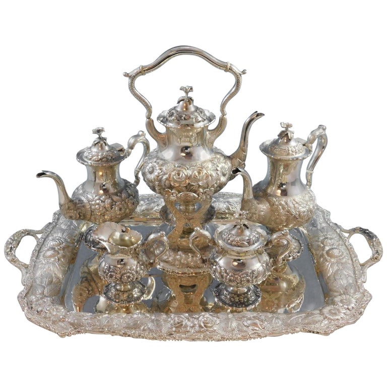 Rose by Stieff Sterling Silver Tea Set FivePiece with Tray Flower