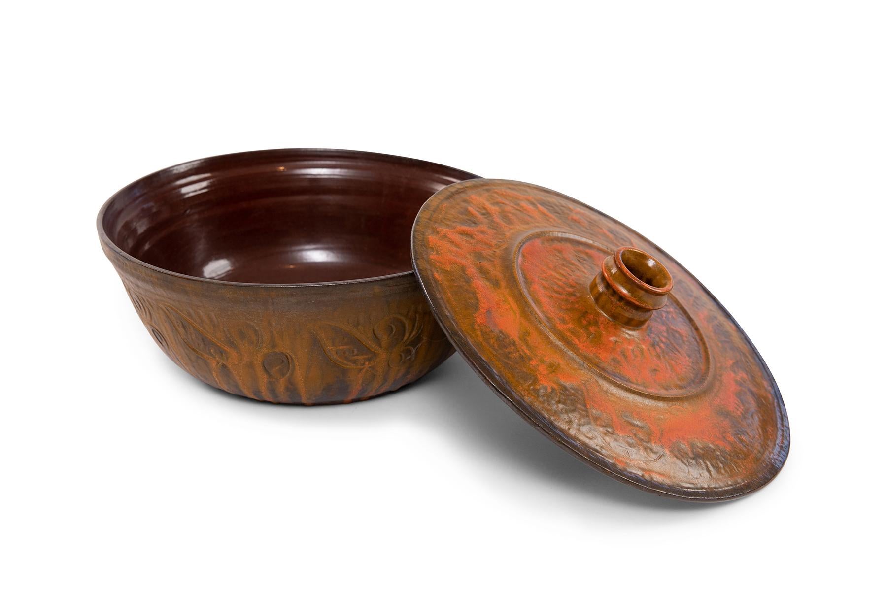 Large Rose Cabat lidded bowl circa early 1960s. This example has yellow hues and reddish earthy undertones. Signature can be found on the bottom of the bowl.