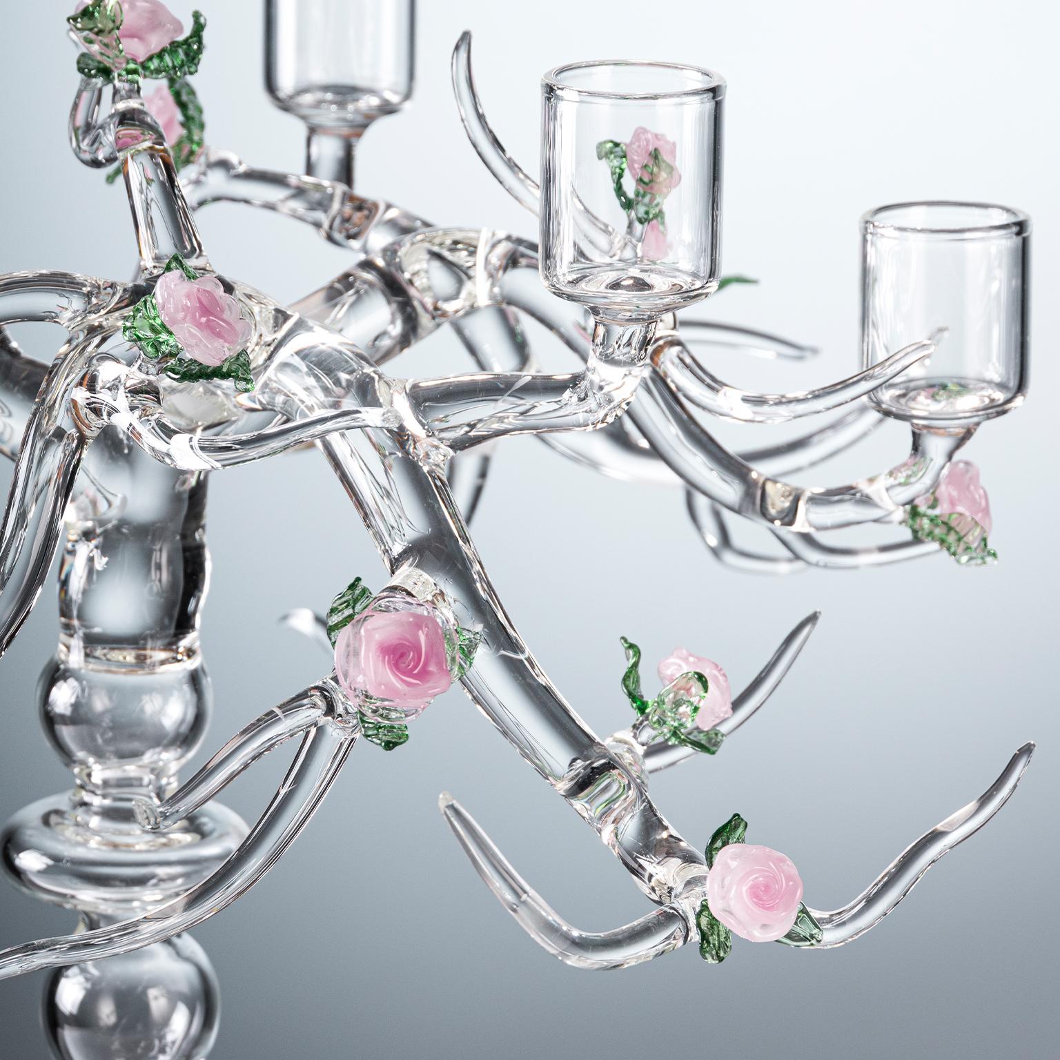 Contemporary Handmade Glass Rose Candelabra Flower Pink Leaves Green Romantic (Moderne) im Angebot