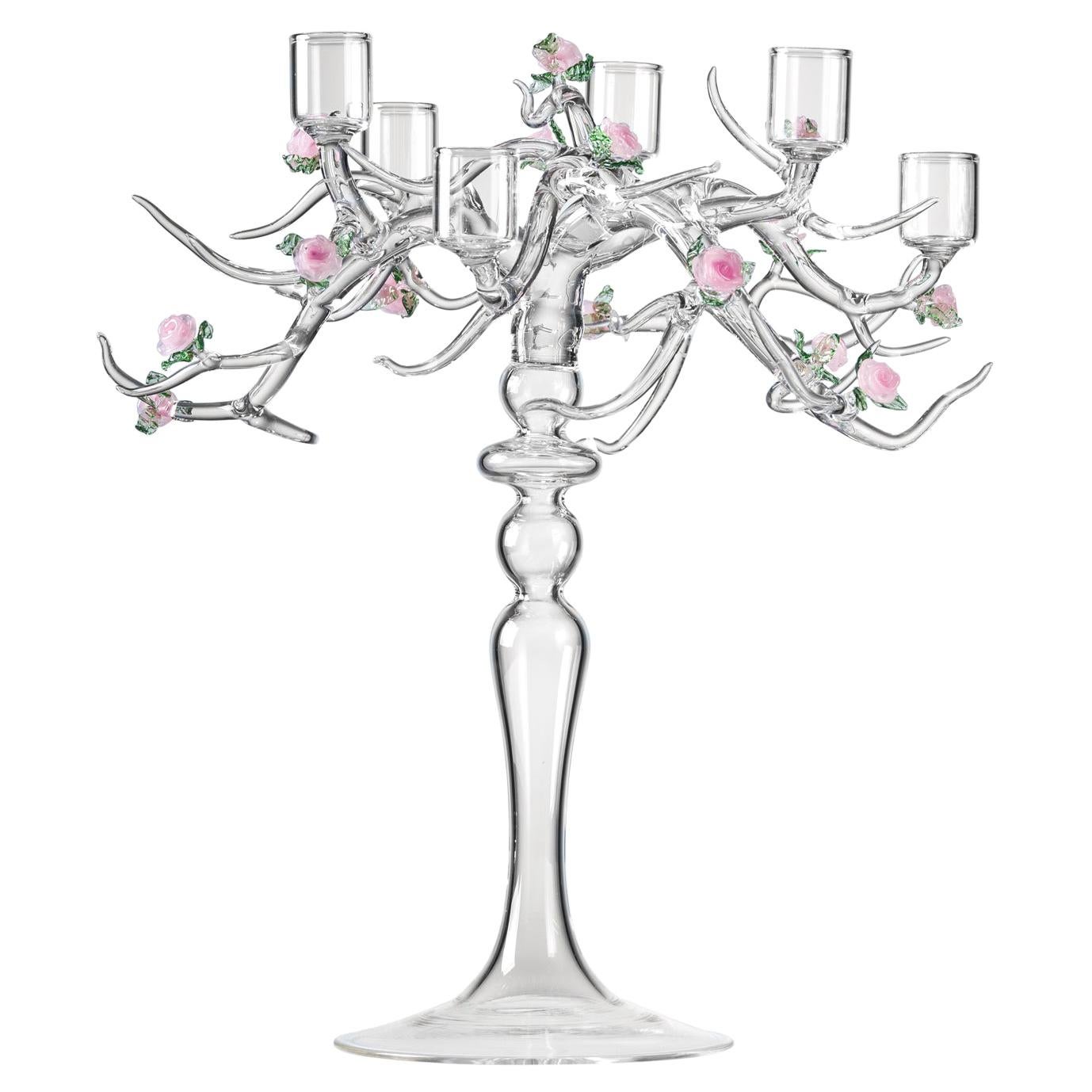 Rose Candelabra Handmade Glass Candelabra by Simone Crestani For Sale