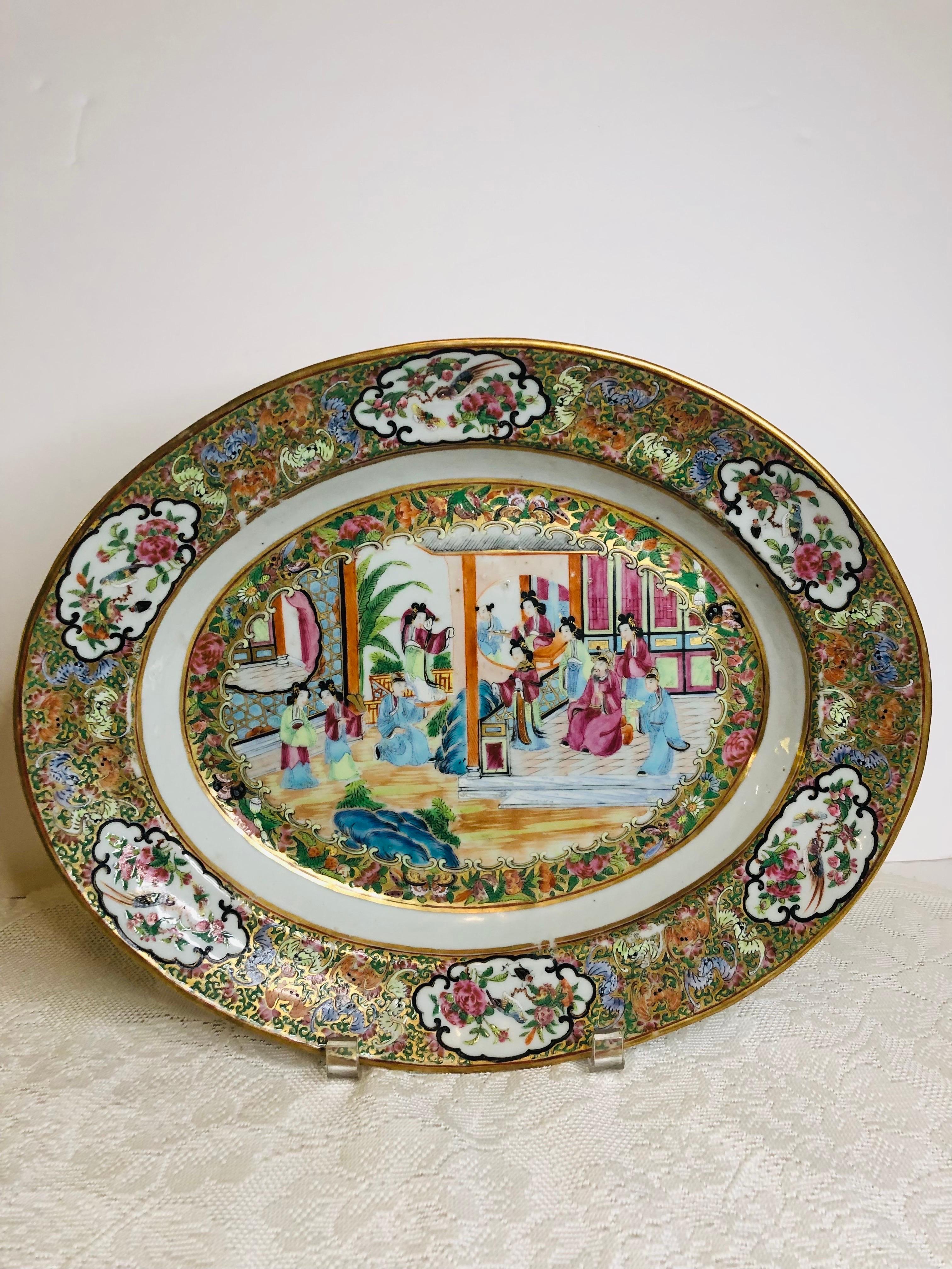 Hand-Painted Rose Canton Chinese Export Platter Painted with Gold and Enamel Decoration For Sale