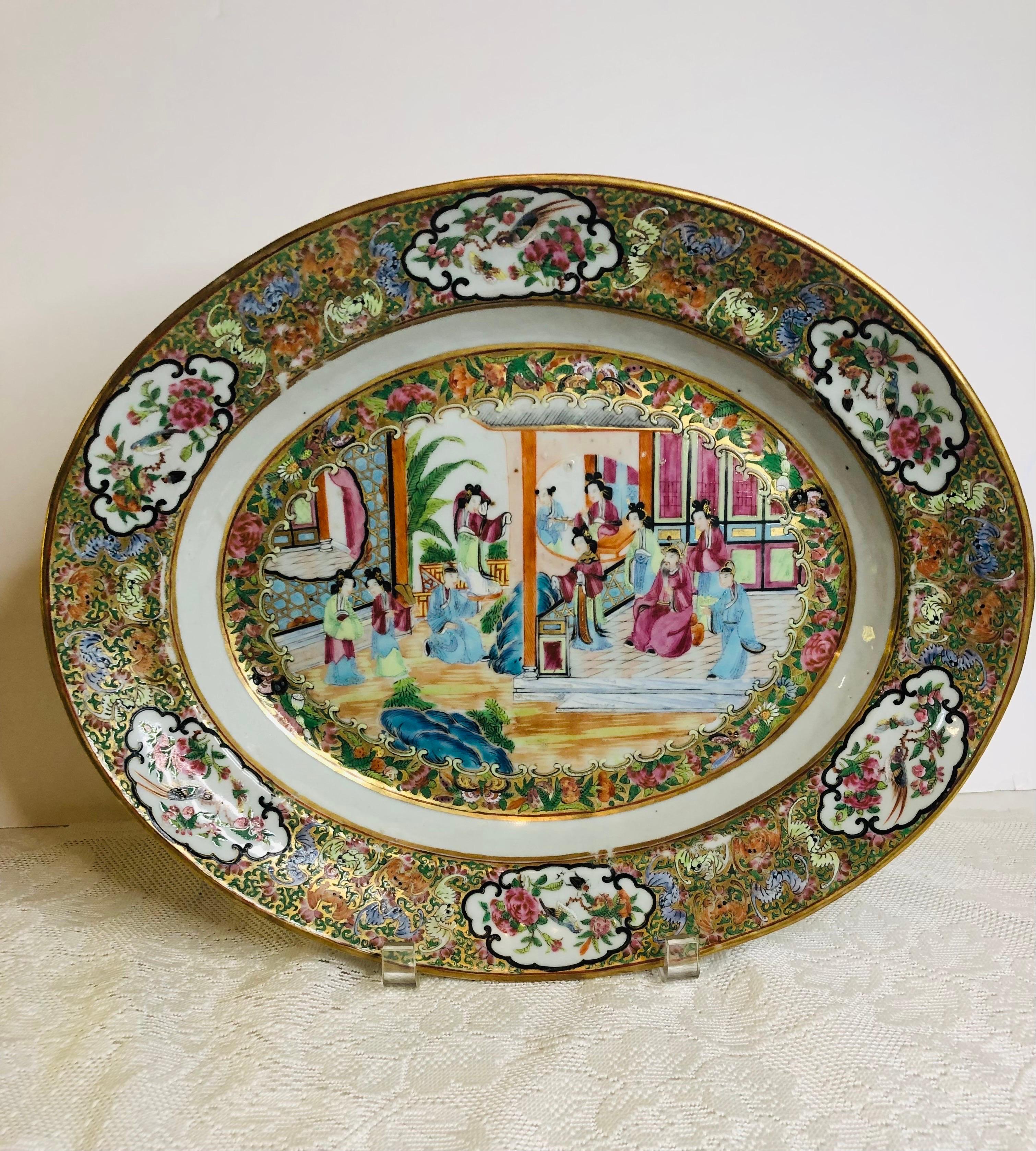Porcelain Rose Canton Chinese Export Platter Painted with Gold and Enamel Decoration For Sale