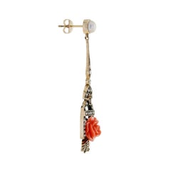 Rose Carved Coral Pearl Diamond Vintage Style Drop 9K Gold Earrings