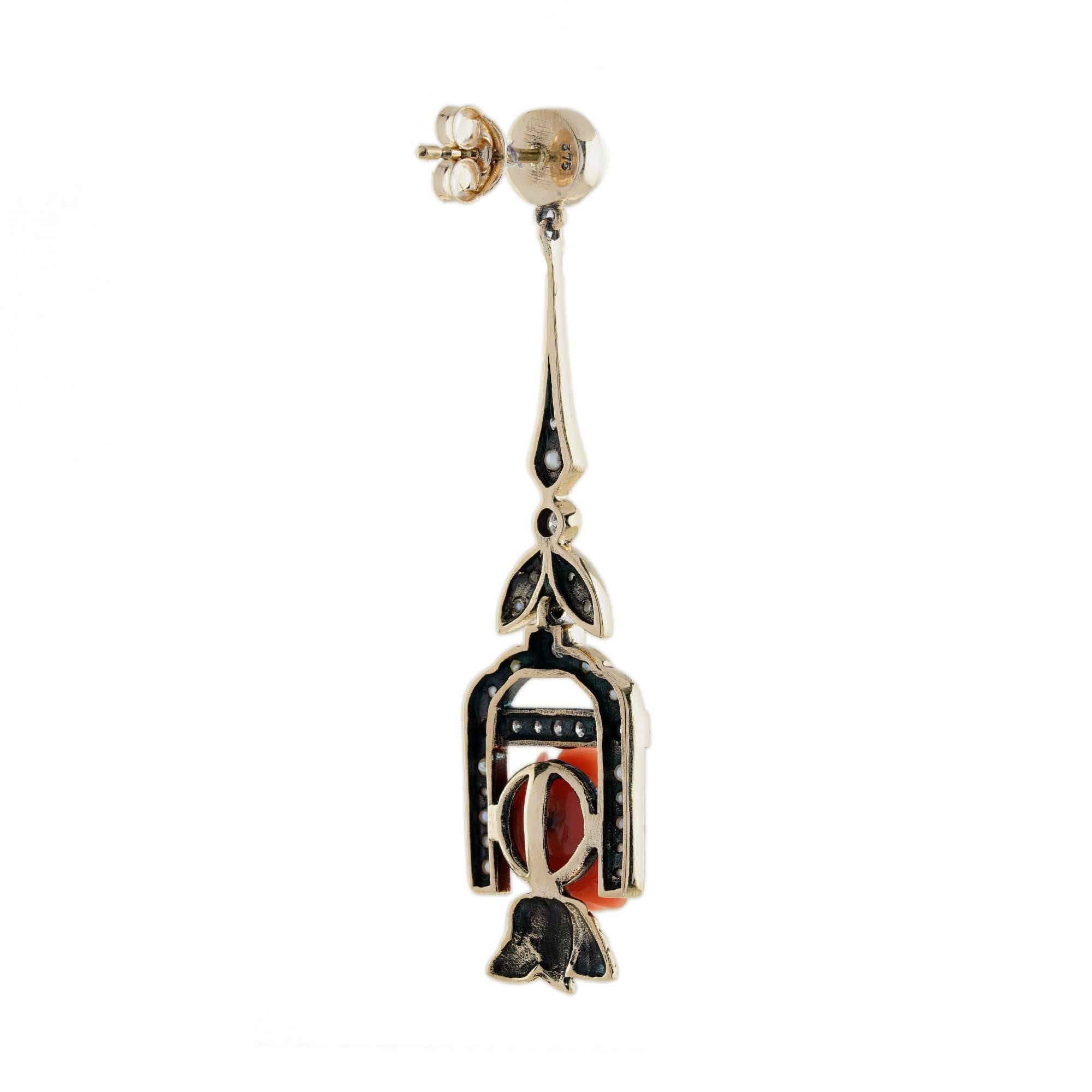 Rose geschnitzt Koralle Perle Diamant Vintage Style Drop 9K Gold Ohrringe (Viktorianisch) im Angebot