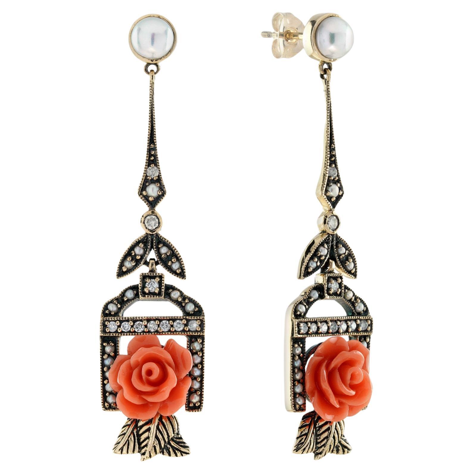 Boucles d'oreilles pendantes en or 9K, corail sculpté, perle, diamant, style vintage