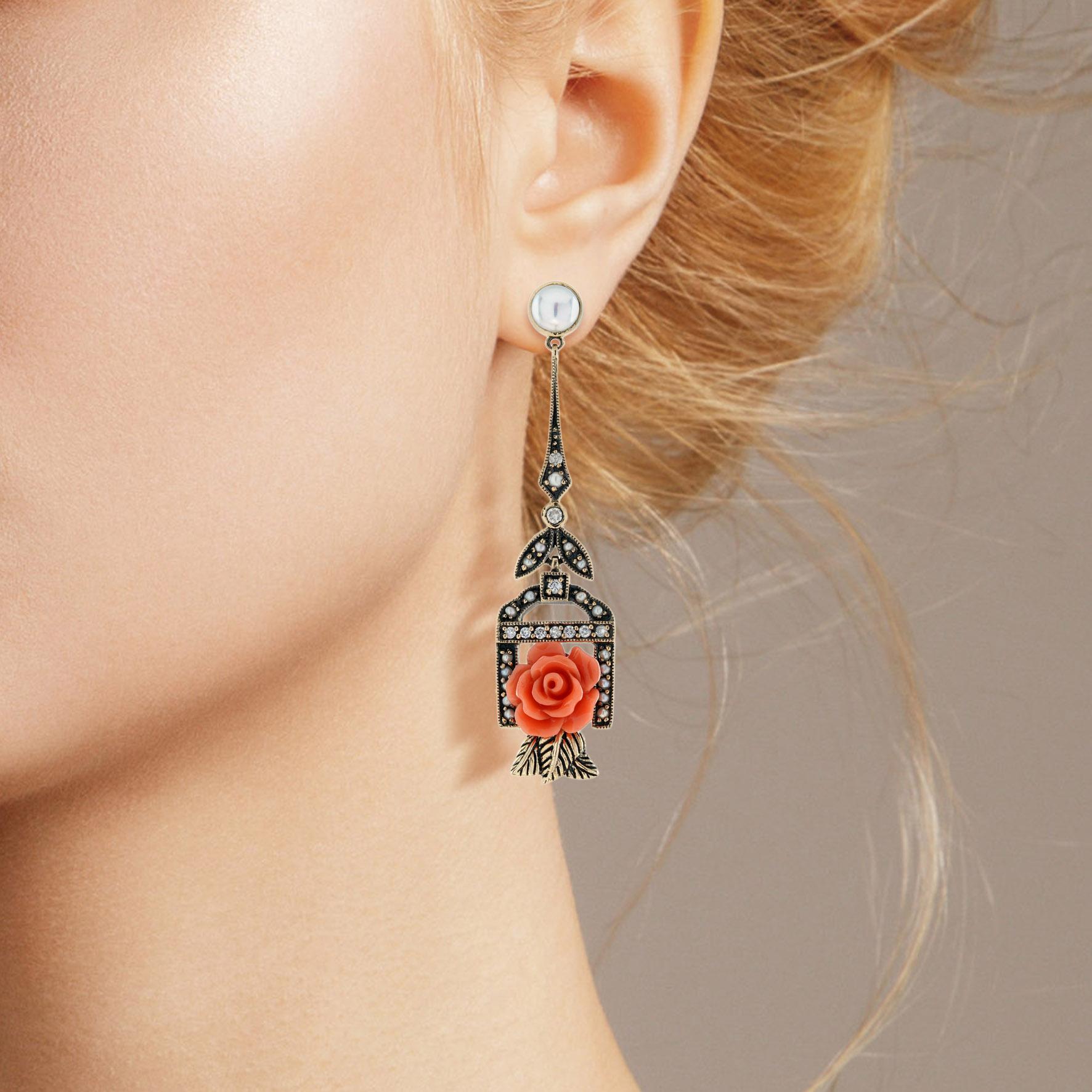 Rose Carved Coral Pearl Diamond Vintage Style Drop Earrings in 9K Yellow Gold For Sale 2