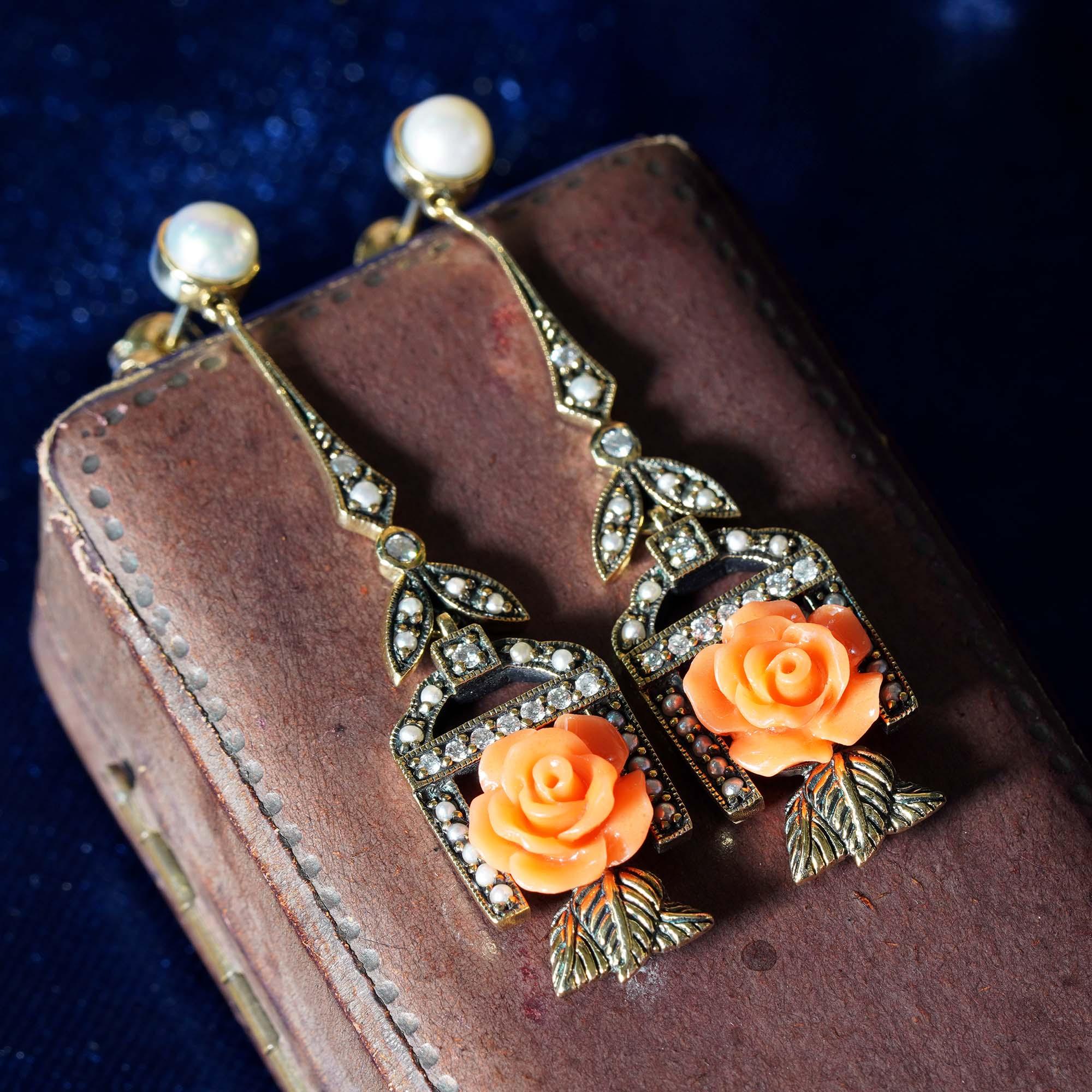 Round Cut Rose Carved Coral Pearl Diamond Vintage Style Drop Earrings in 9K Yellow Gold For Sale