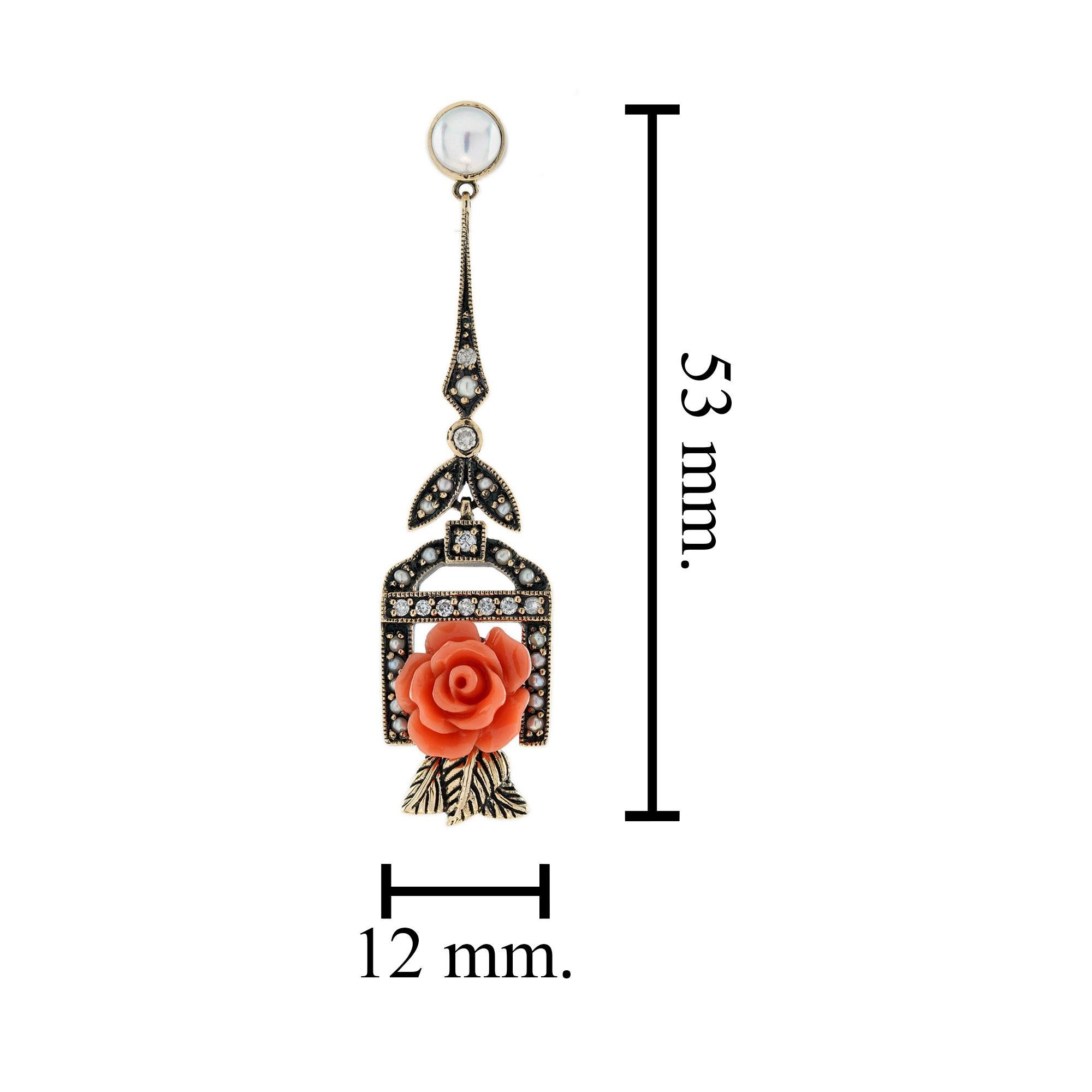 Rose Carved Coral Pearl Diamond Vintage Style Drop Earrings in 9K Yellow Gold For Sale 1